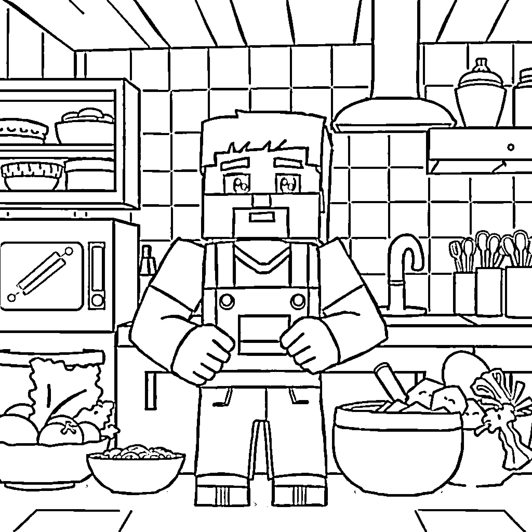 Steve cooking happily in the kitchen Coloring Page (free black-and-white line drawing printable PDF for all, from beginners to advanced learners, including children, teens, adults, and seniors)