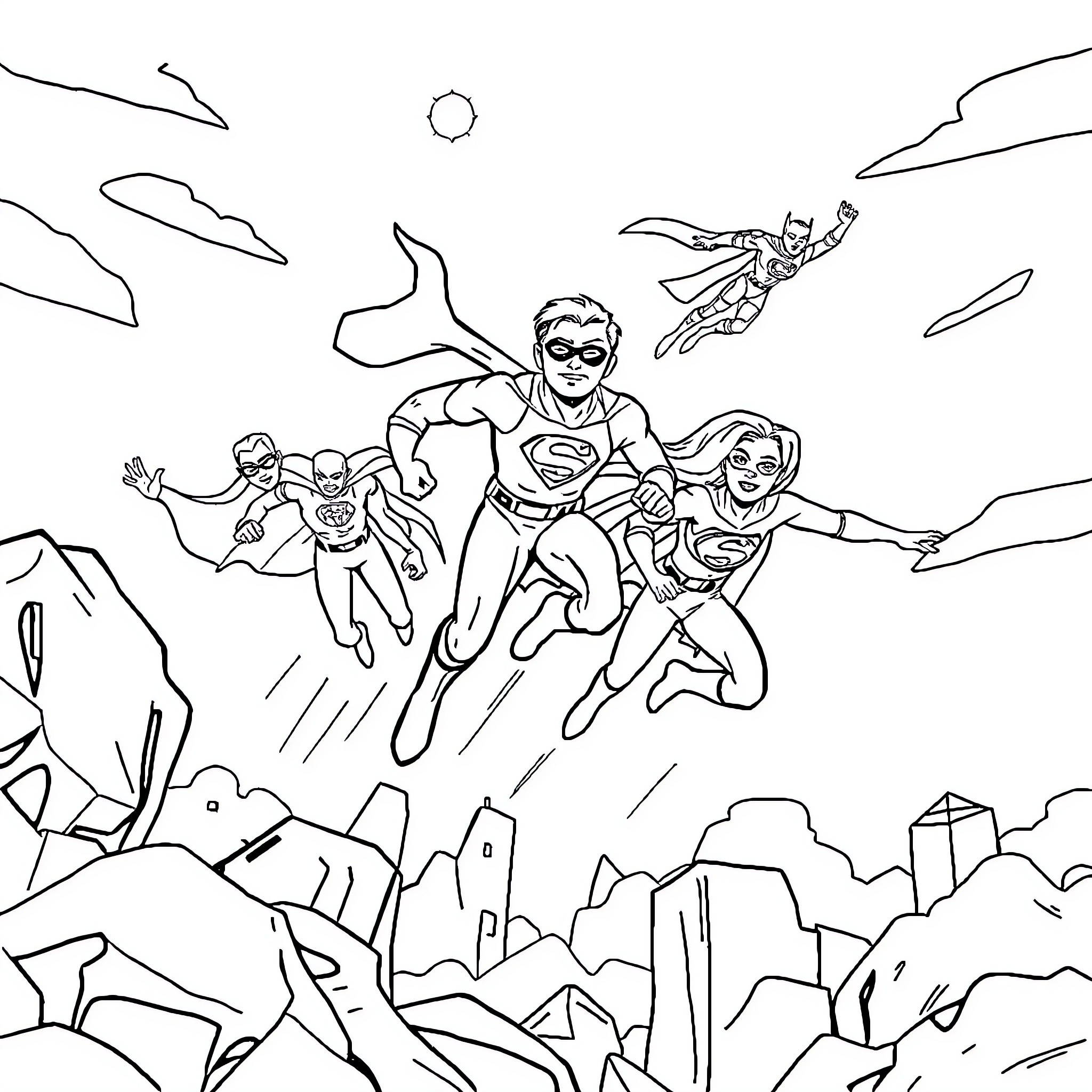 Superhero Squad Takes Flight Over City Skyline Coloring Page (free black-and-white line drawing printable PDF for all, from beginners to advanced learners, including children, teens, adults, and seniors)