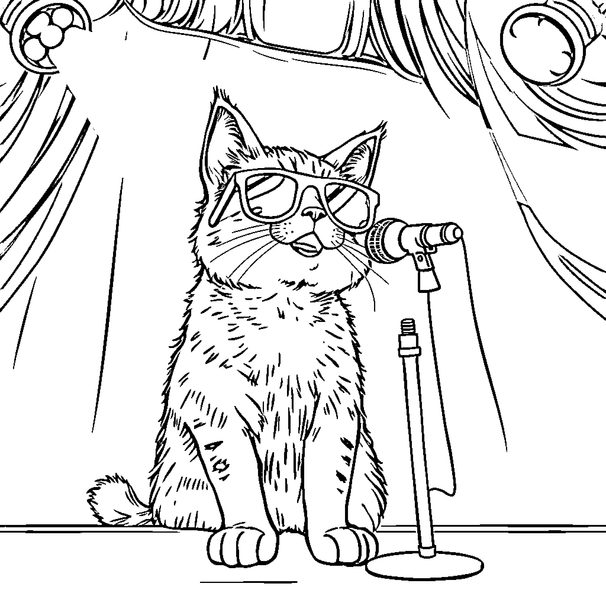 Gato performing on stage with microphone Coloring Page (free black-and-white line drawing printable PDF for all, from beginners to advanced learners, including children, teens, adults, and seniors)