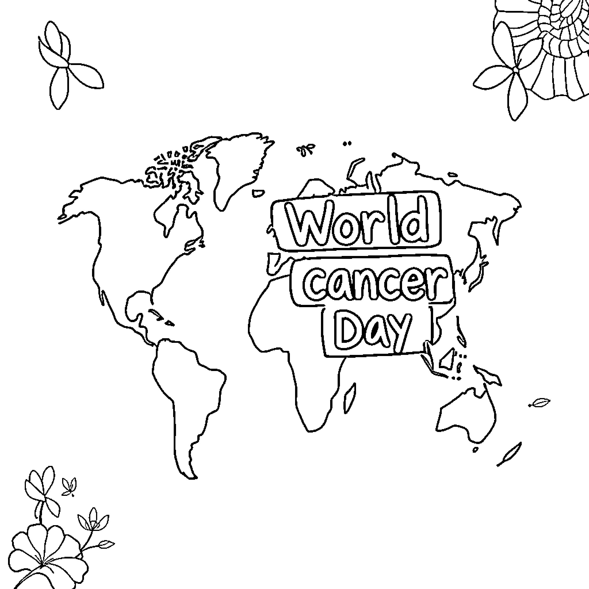 Cancer World Day: Global Awareness and Unity Coloring Page (free black-and-white line drawing printable PDF for all, from beginners to advanced learners, including children, teens, adults, and seniors)
