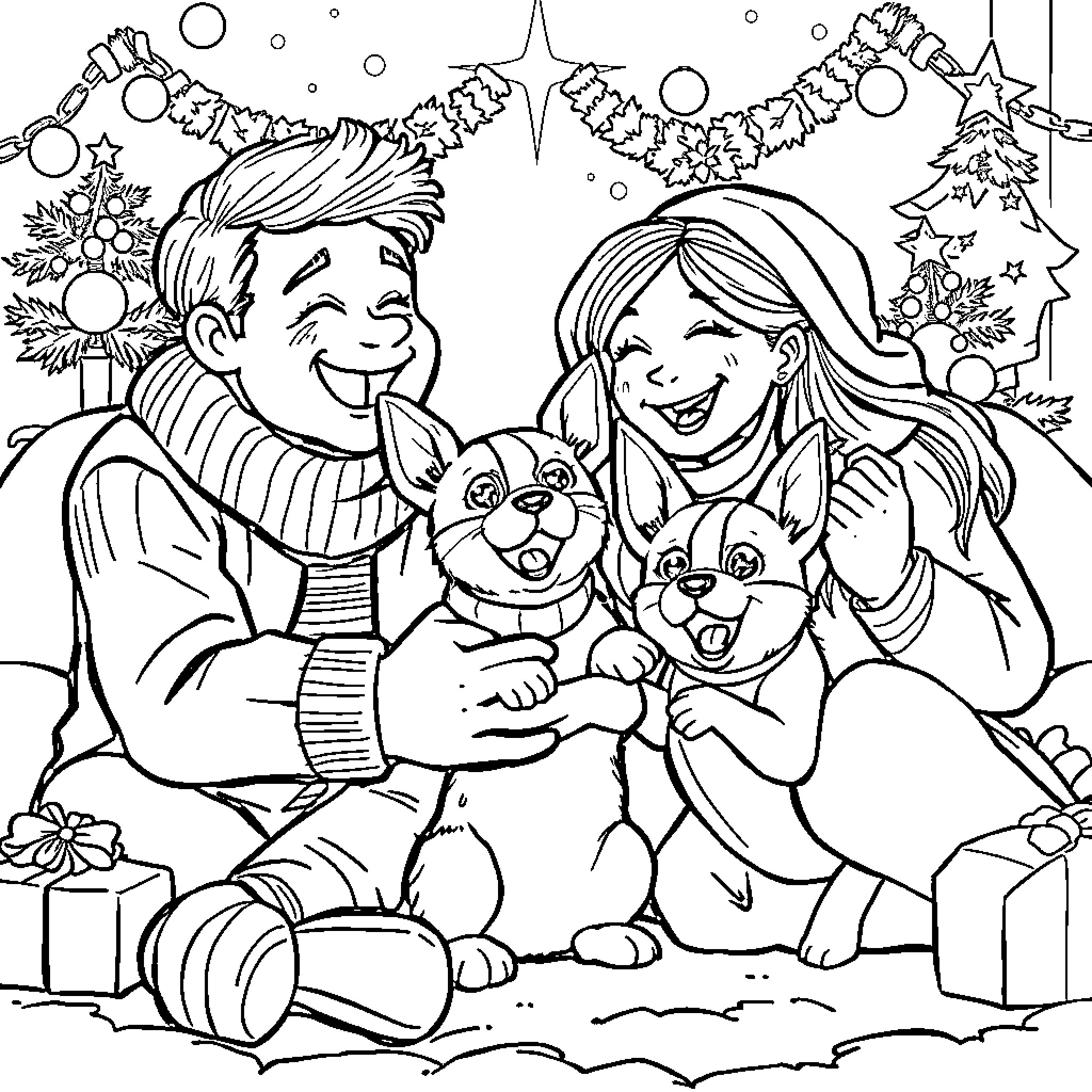 Family Celebrating the Holidays Together Coloring Page (free black-and-white line drawing printable PDF for all, from beginners to advanced learners, including children, teens, adults, and seniors)