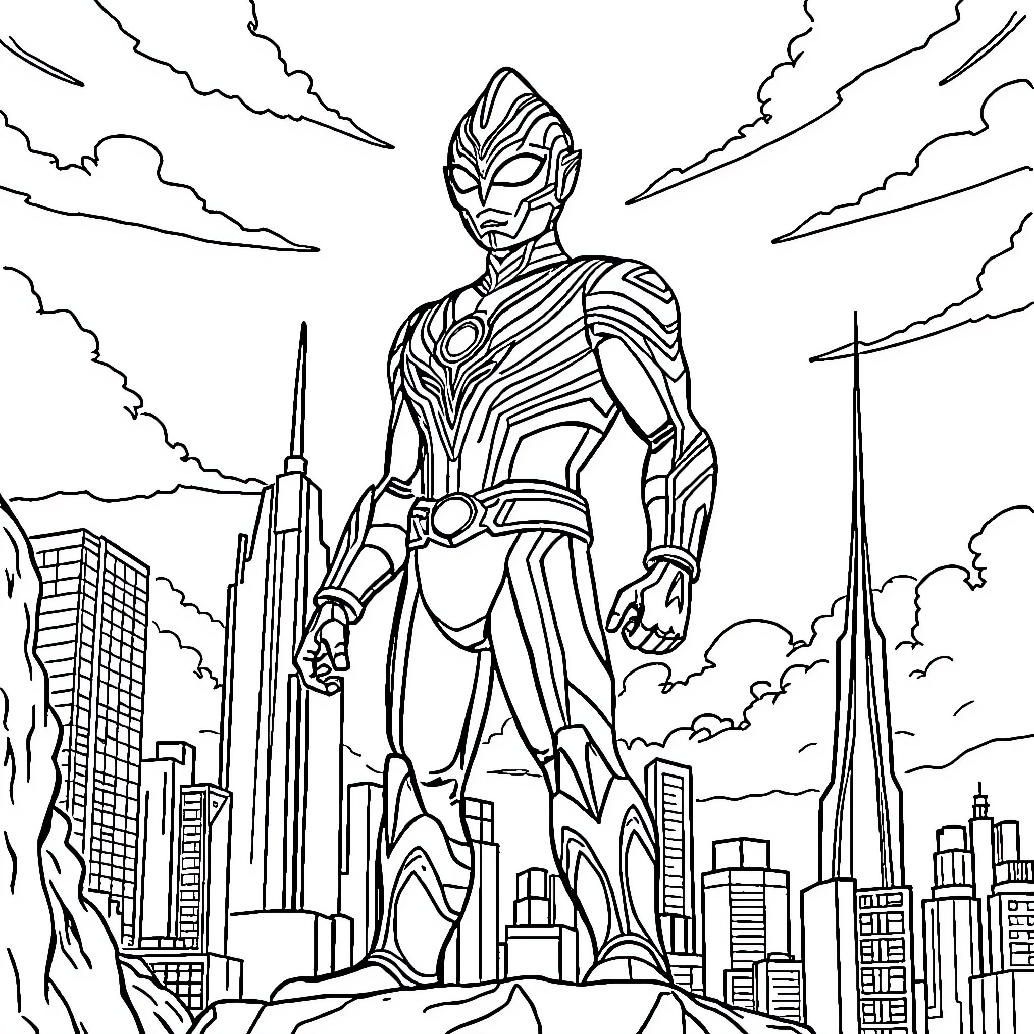 Ultraman battling in a futuristic city Coloring Page (free black-and-white line drawing printable PDF for all, from beginners to advanced learners, including children, teens, adults, and seniors)