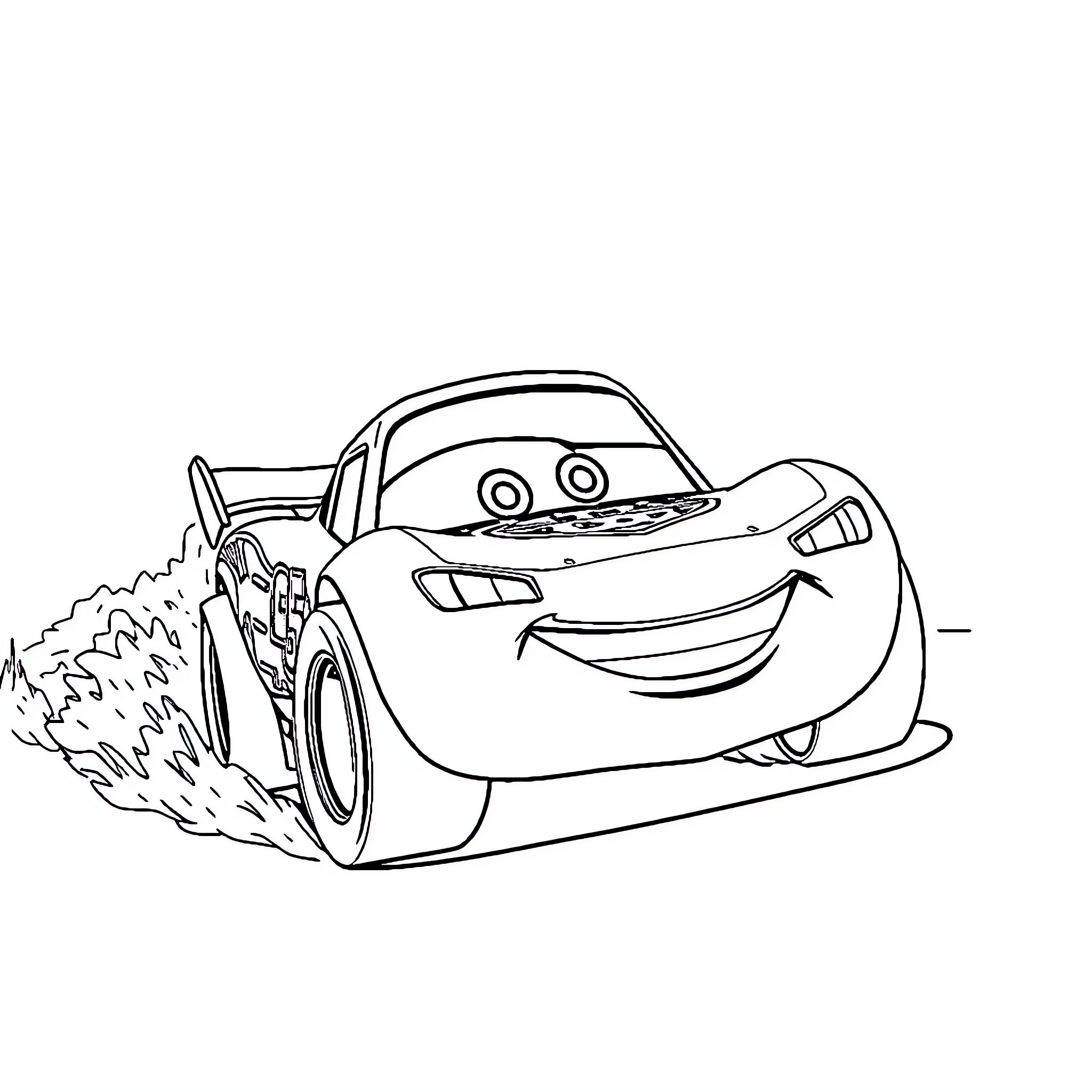 Rayo McQueen racing through the track Coloring Page (free black-and-white line drawing printable PDF for all, from beginners to advanced learners, including children, teens, adults, and seniors)
