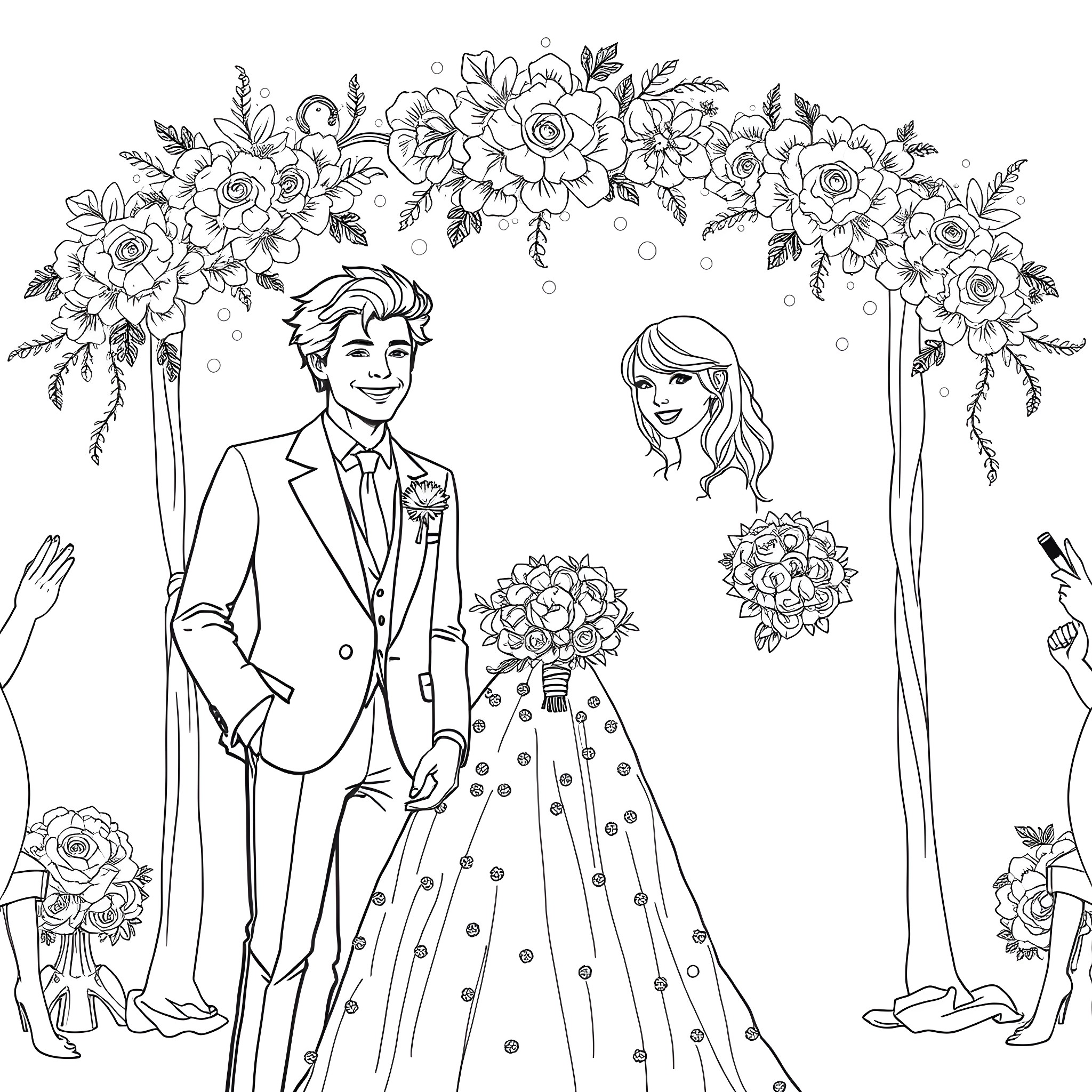 Harry Styles and bride on their wedding day Coloring Page (free black-and-white line drawing printable PDF for all, from beginners to advanced learners, including children, teens, adults, and seniors)