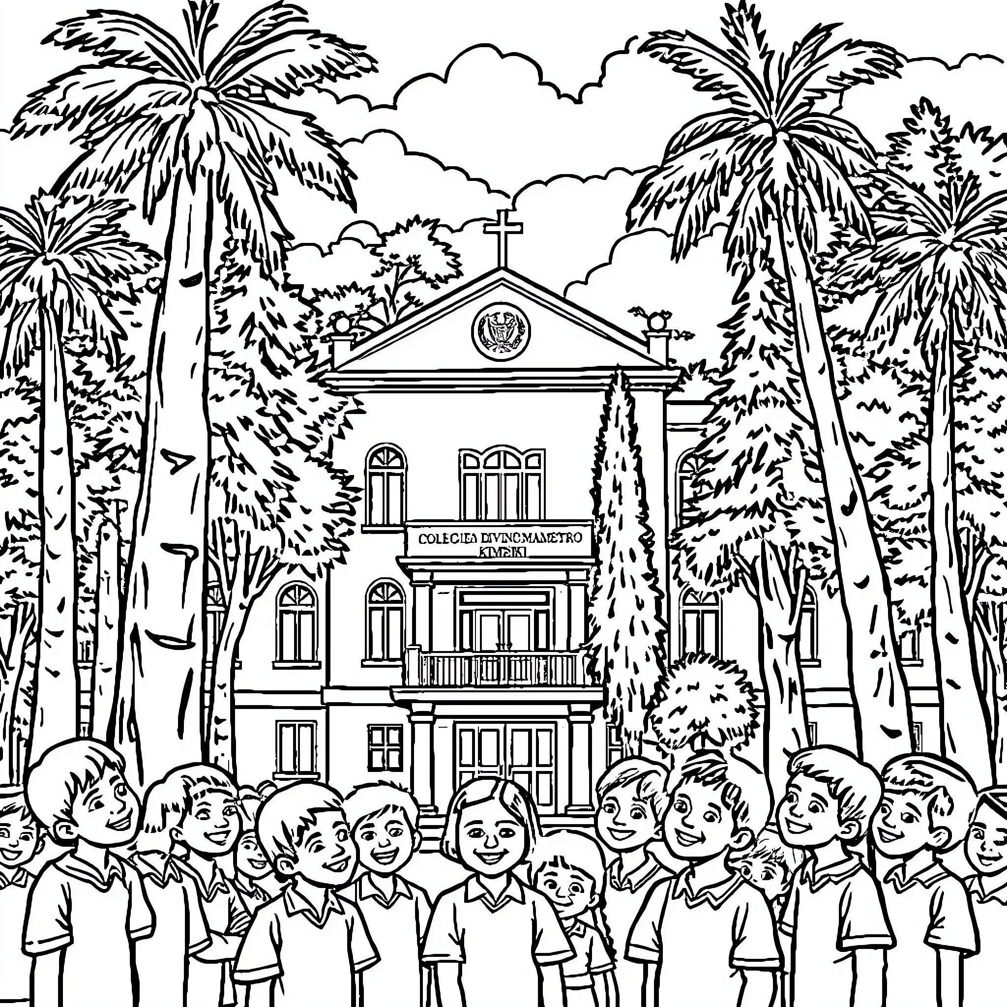 Colegio: Students gather before tropical school building Coloring Page (free black-and-white line drawing printable PDF for all, from beginners to advanced learners, including children, teens, adults, and seniors)