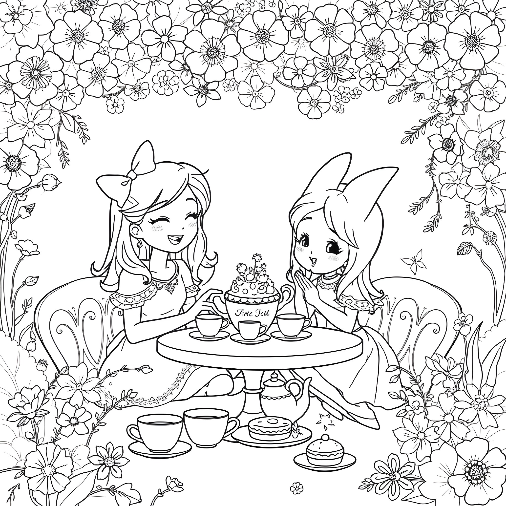 Amy Rose's Whimsical Tea Party with Enchanting Companions Coloring Page (free black-and-white line drawing printable PDF for all, from beginners to advanced learners, including children, teens, adults, and seniors)