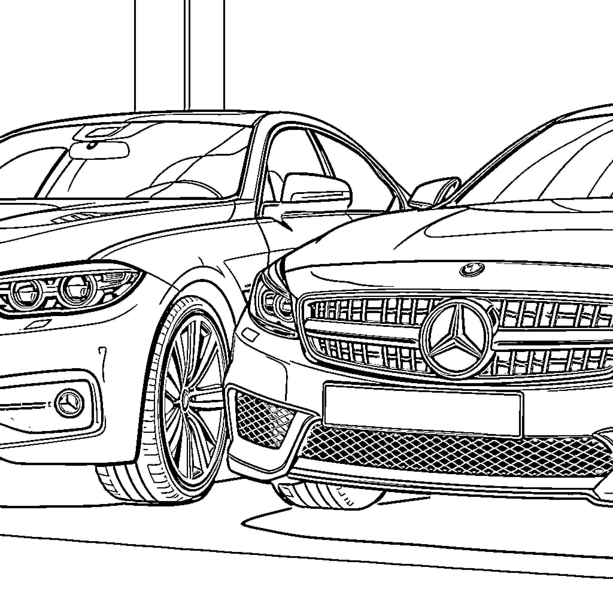 Cars parked in a garage or showroom Coloring Page (free black-and-white line drawing printable PDF for all, from beginners to advanced learners, including children, teens, adults, and seniors)