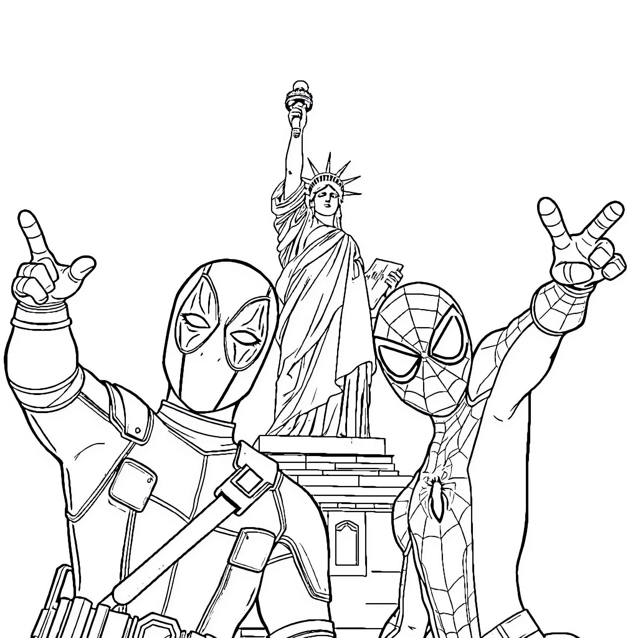 Deadpool's Superhero Antics in New York City Coloring Page (free black-and-white line drawing printable PDF for all, from beginners to advanced learners, including children, teens, adults, and seniors)