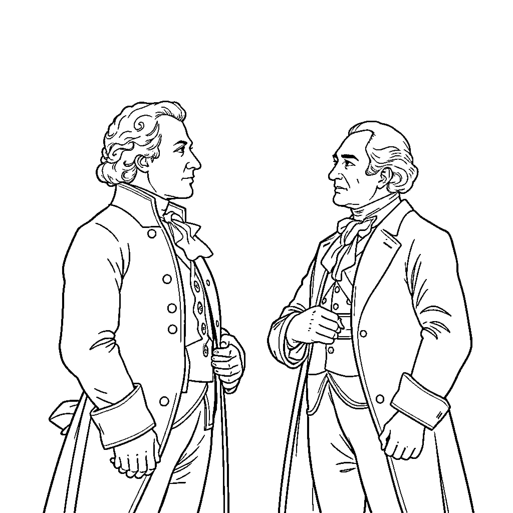Alexander Hamilton and Friend in Formal Attire Coloring Page (free black-and-white line drawing printable PDF for all, from beginners to advanced learners, including children, teens, adults, and seniors)