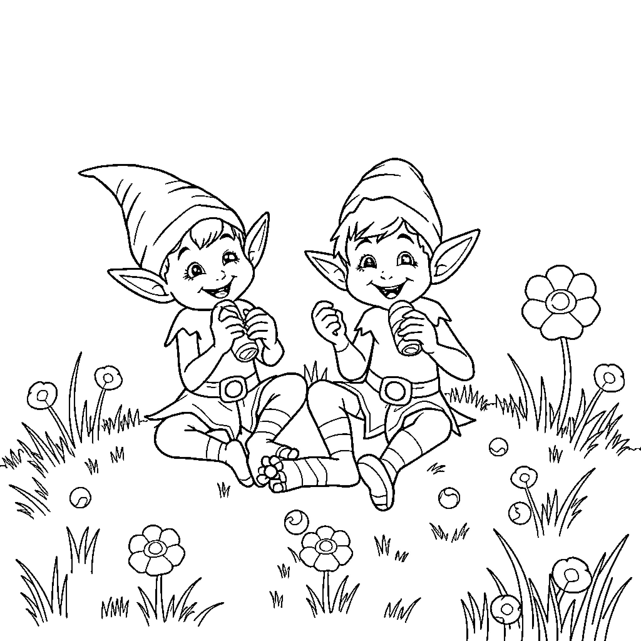 Elf friends enjoying outdoor adventure Coloring Page (free black-and-white line drawing printable PDF for all, from beginners to advanced learners, including children, teens, adults, and seniors)