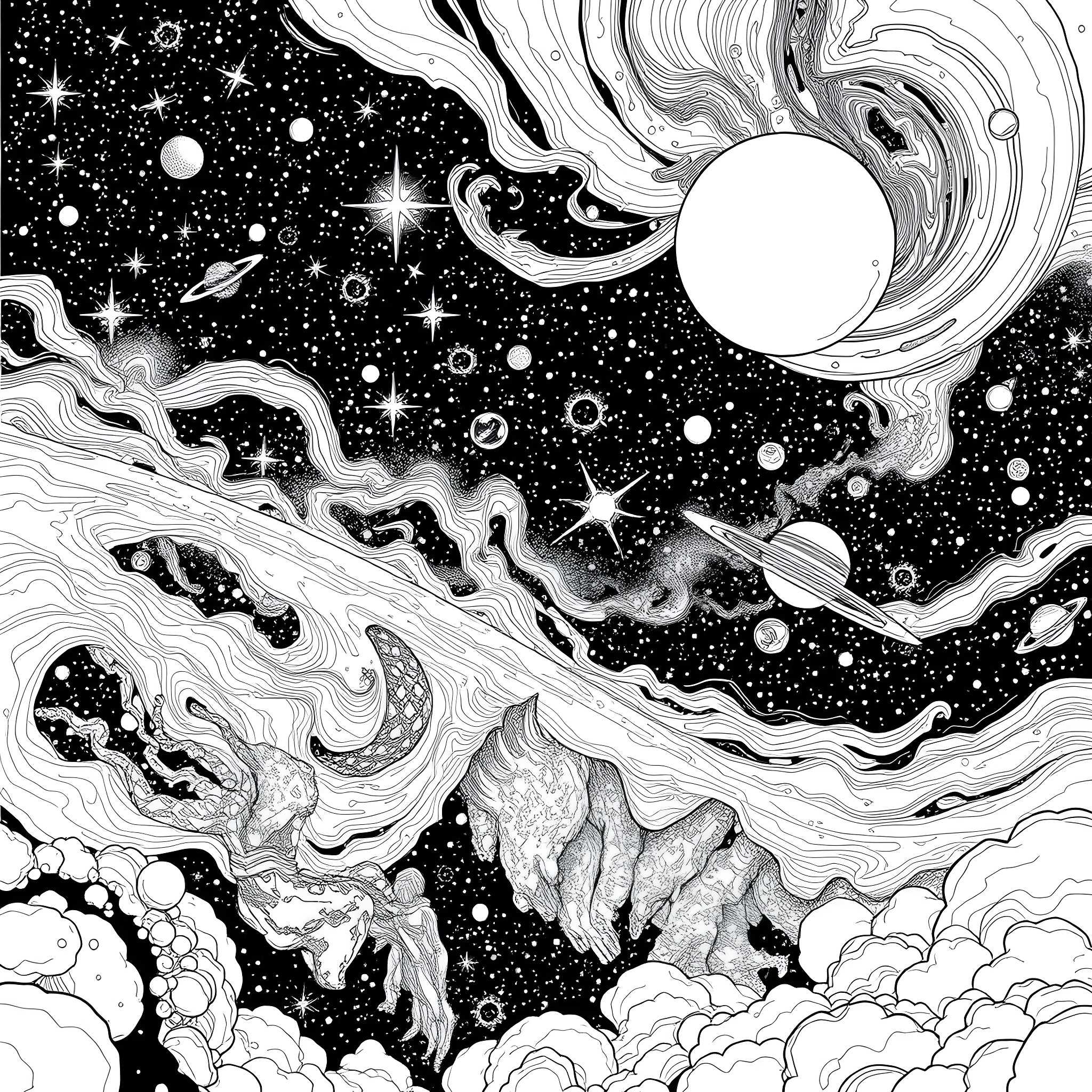 Galaxy of Cosmic Dreamscape Coloring Page (free black-and-white line drawing printable PDF for all, from beginners to advanced learners, including children, teens, adults, and seniors)
