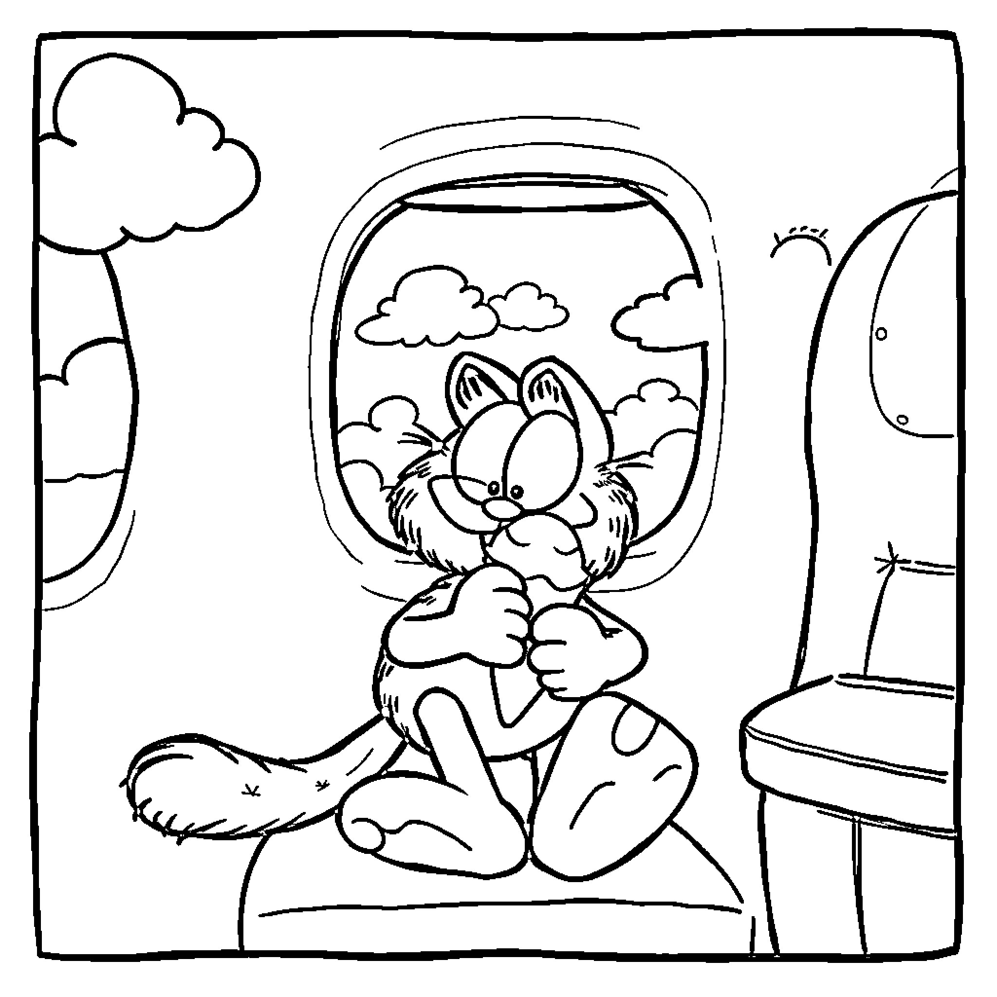 Garfield relaxing peacefully in the airplane Coloring Page (free black-and-white line drawing printable PDF for all, from beginners to advanced learners, including children, teens, adults, and seniors)