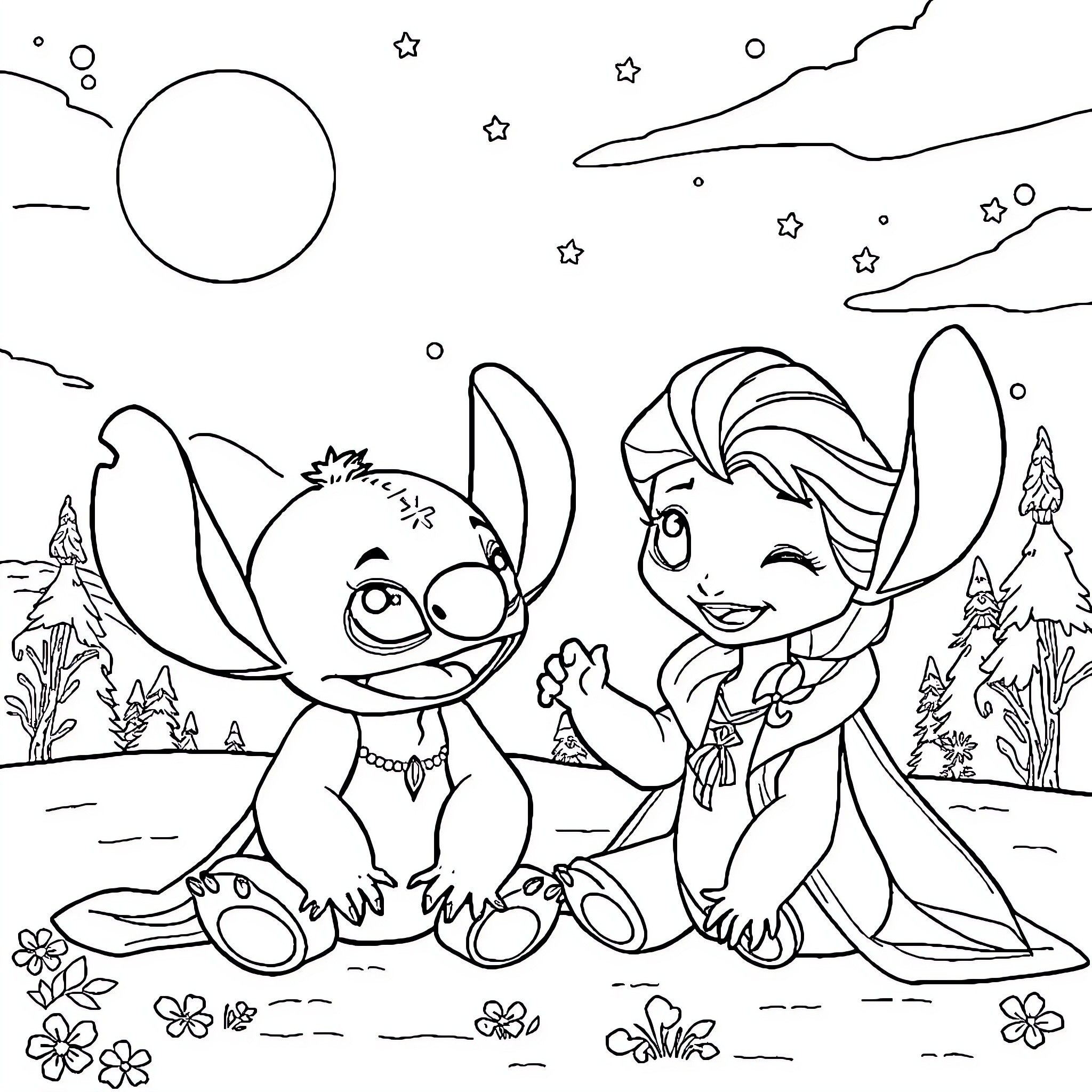 Stitch and Elsa playing together in the forest Coloring Page (free black-and-white line drawing printable PDF for all, from beginners to advanced learners, including children, teens, adults, and seniors)