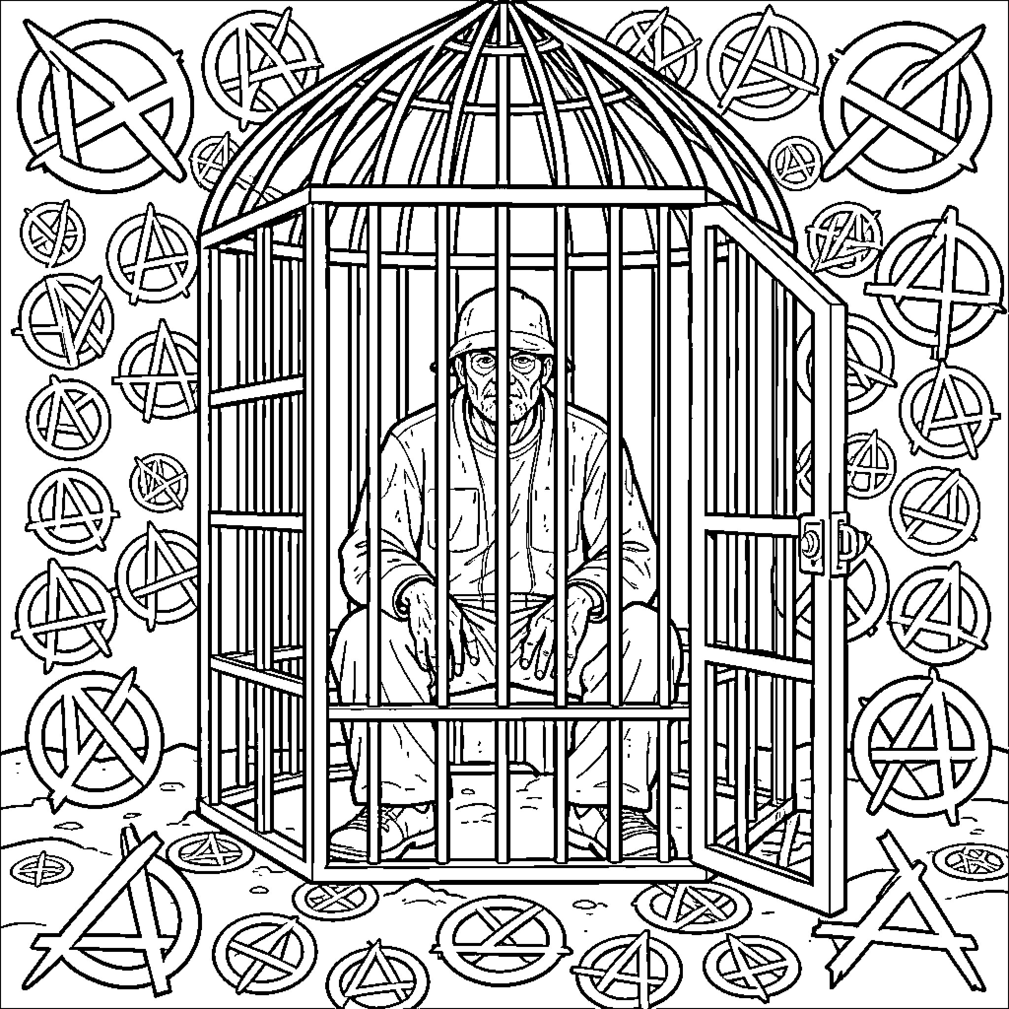 Anarchist Prisoner Caged by Symbols of Rebellion Coloring Page (free black-and-white line drawing printable PDF for all, from beginners to advanced learners, including children, teens, adults, and seniors)