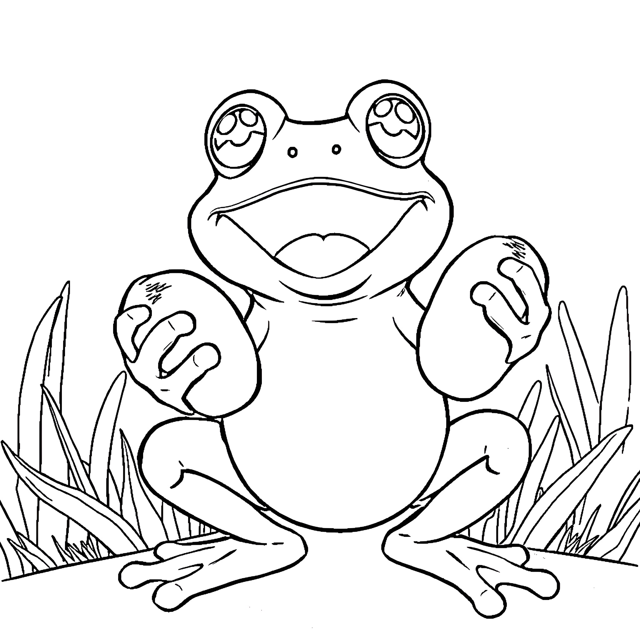 Frog sitting happily in the grass Coloring Page (free black-and-white line drawing printable PDF for all, from beginners to advanced learners, including children, teens, adults, and seniors)