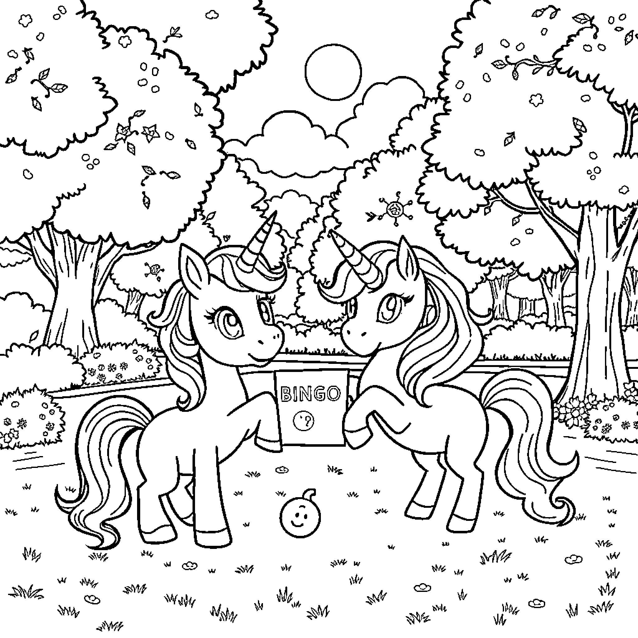 Bluey's Magical Unicorn Adventure in the Enchanted Forest Coloring Page (free black-and-white line drawing printable PDF for all, from beginners to advanced learners, including children, teens, adults, and seniors)