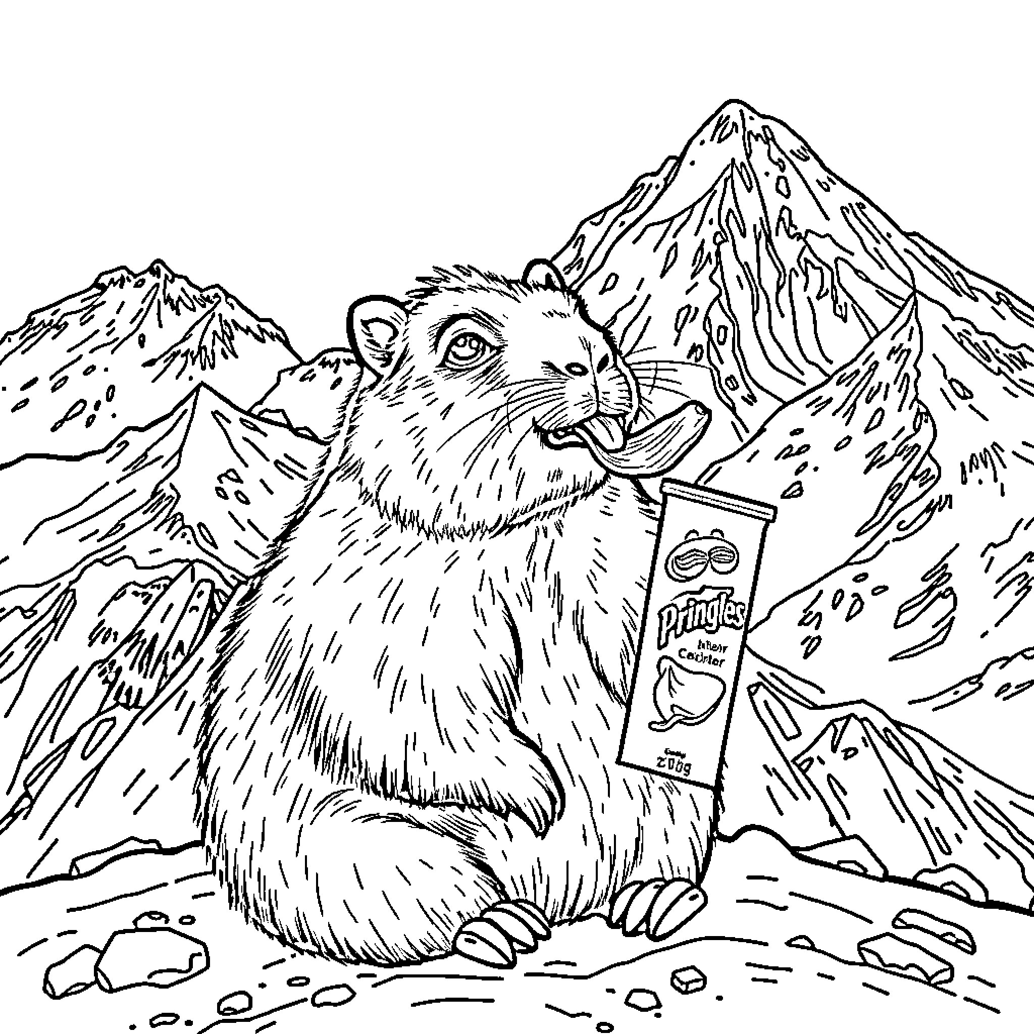 Capibara enjoying a snack in the mountains Coloring Page (free black-and-white line drawing printable PDF for all, from beginners to advanced learners, including children, teens, adults, and seniors)