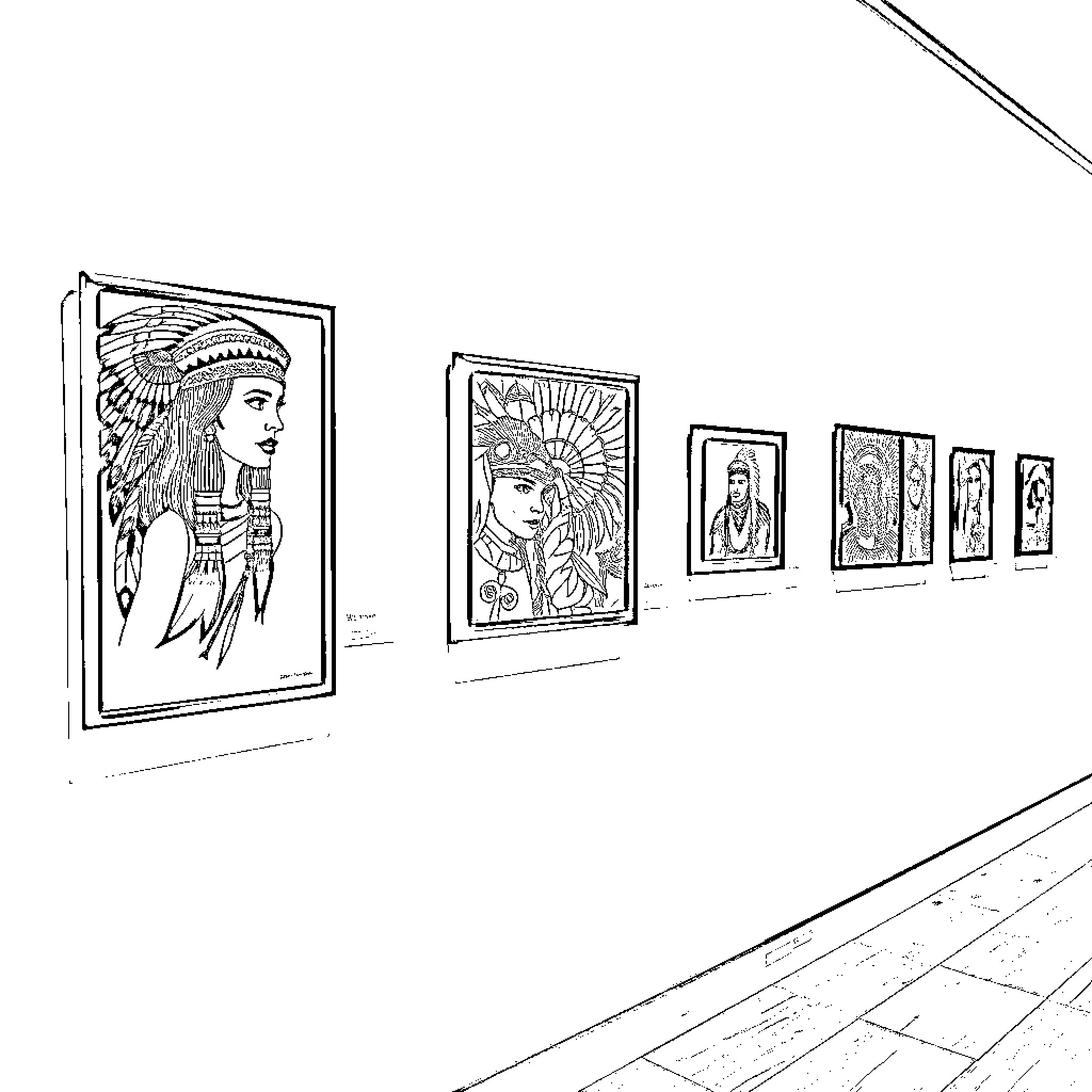 Native Art Gallery Exhibiting Indigenous Artwork Coloring Page (free black-and-white line drawing printable PDF for all, from beginners to advanced learners, including children, teens, adults, and seniors)