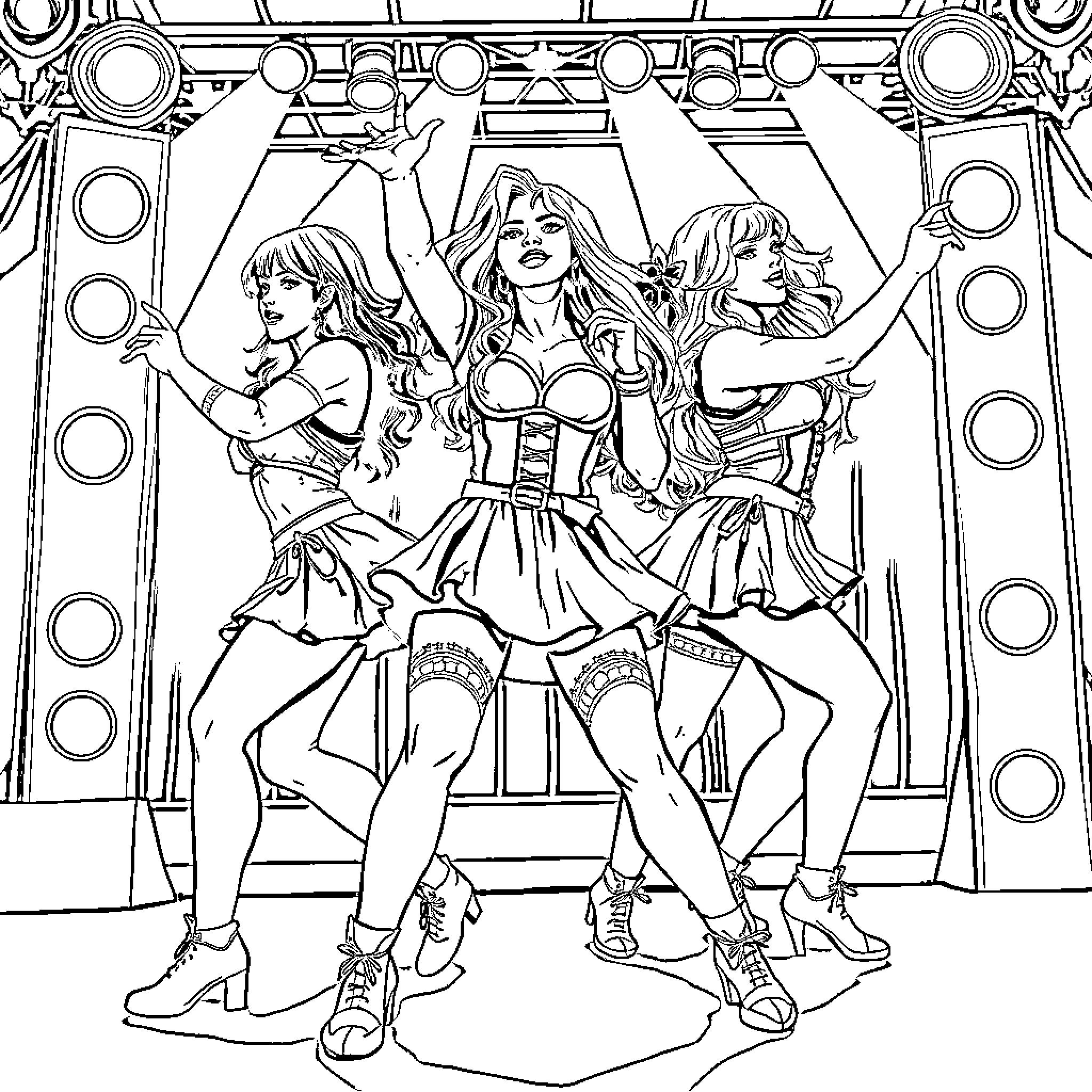 Kpop Girl Group Performing on Stage Coloring Page (free black-and-white line drawing printable PDF for all, from beginners to advanced learners, including children, teens, adults, and seniors)
