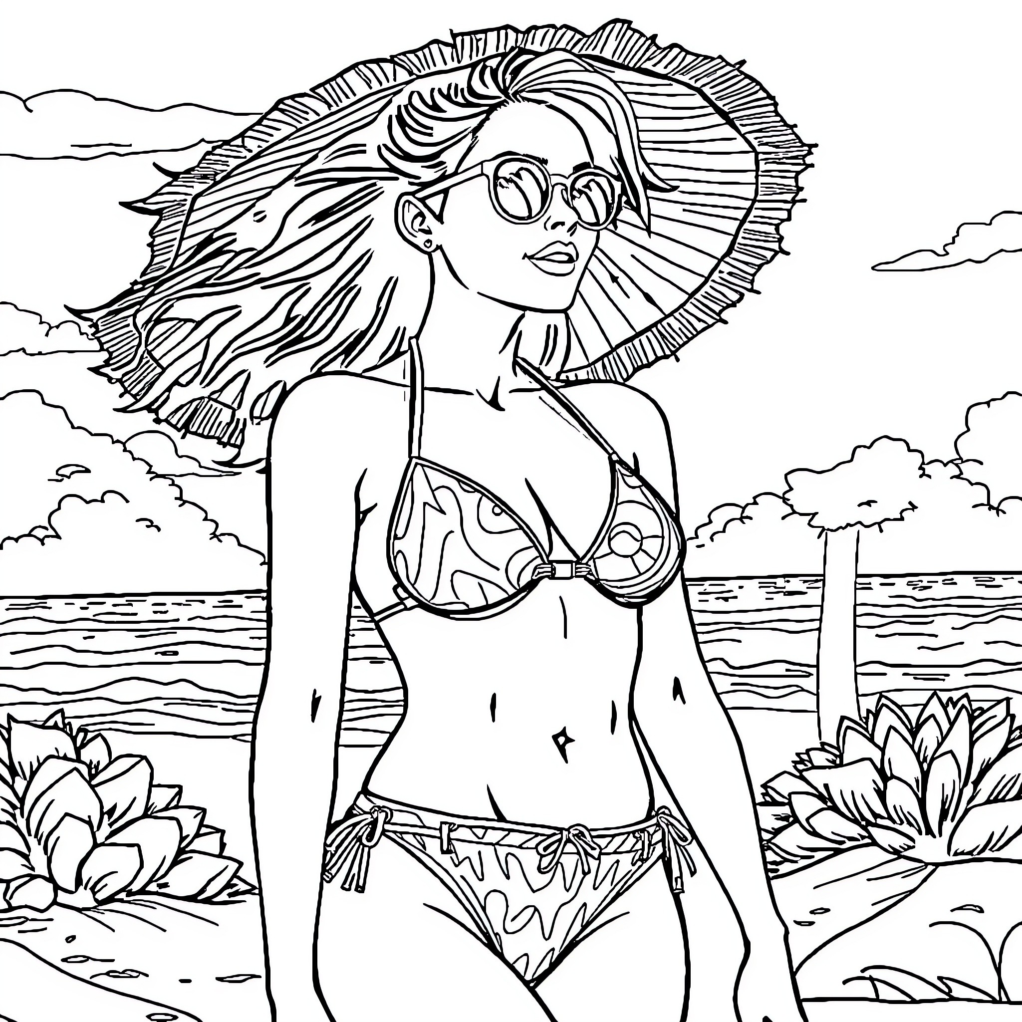 Gwen Tennyson relaxing at the beach in a stylish swimsuit Coloring Page (free black-and-white line drawing printable PDF for all, from beginners to advanced learners, including children, teens, adults, and seniors)