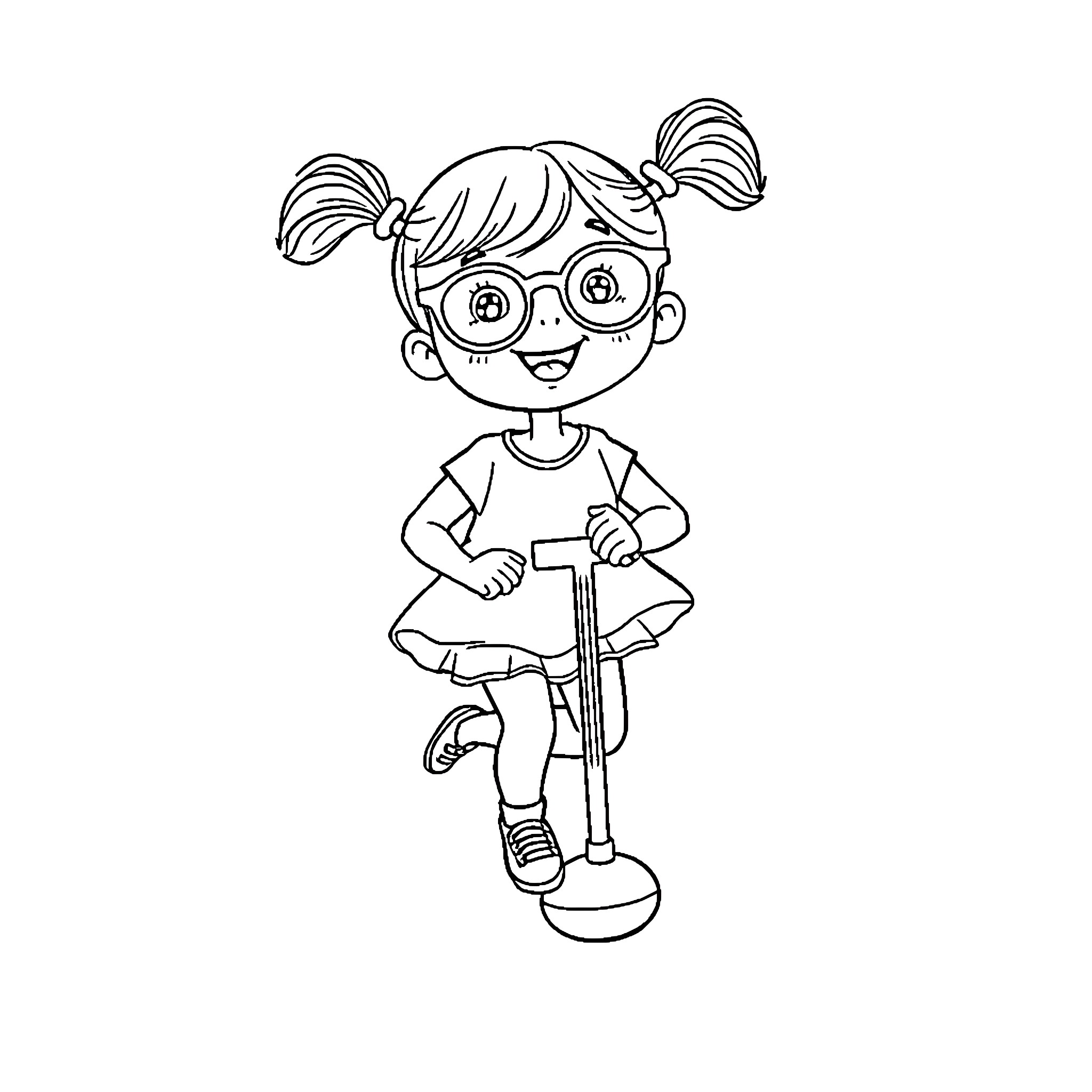 Girl with Pigtails Enjoying Playtime Coloring Page (free black-and-white line drawing printable PDF for all, from beginners to advanced learners, including children, teens, adults, and seniors)
