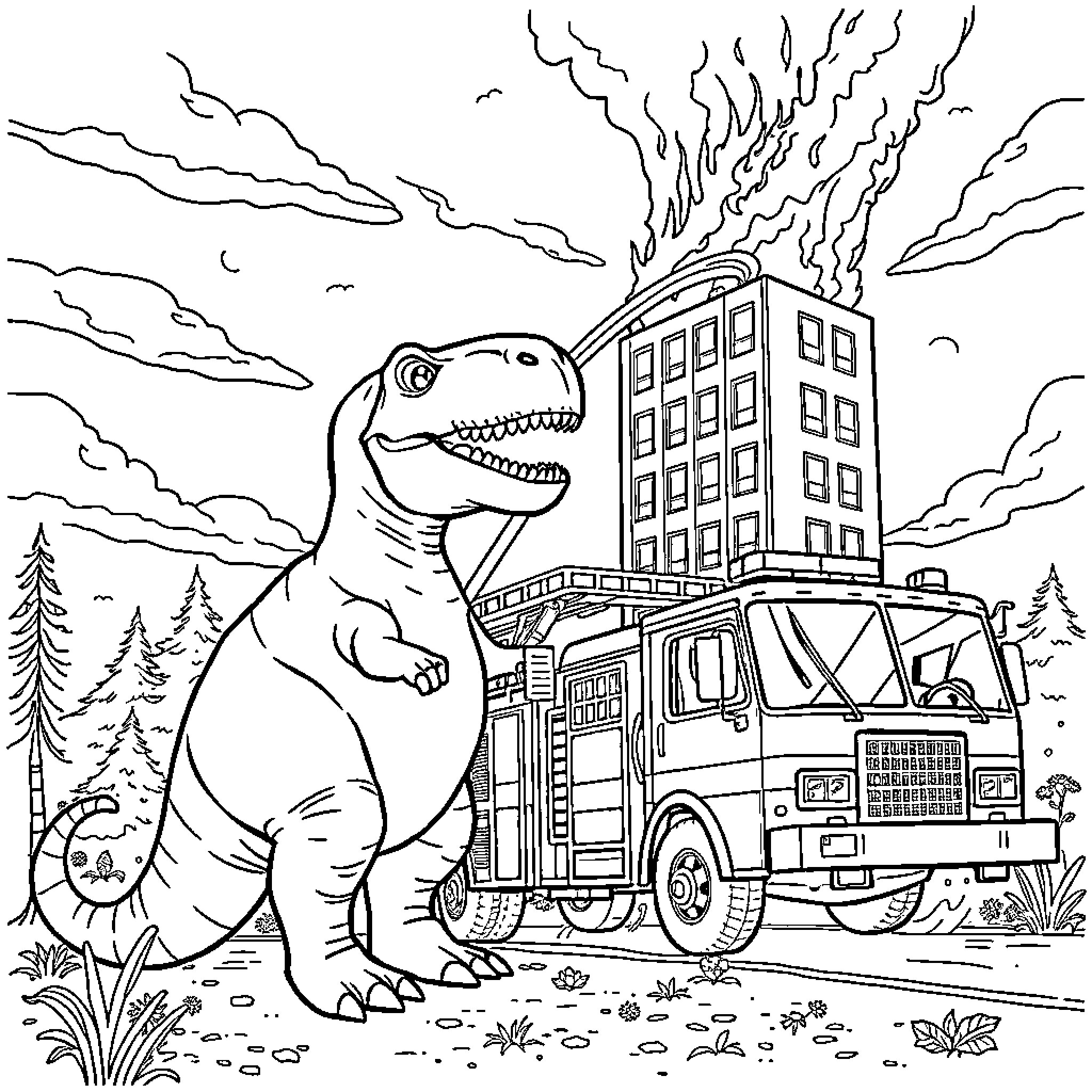 Dinosaur roaring at a burning city Coloring Page (free black-and-white line drawing printable PDF for all, from beginners to advanced learners, including children, teens, adults, and seniors)