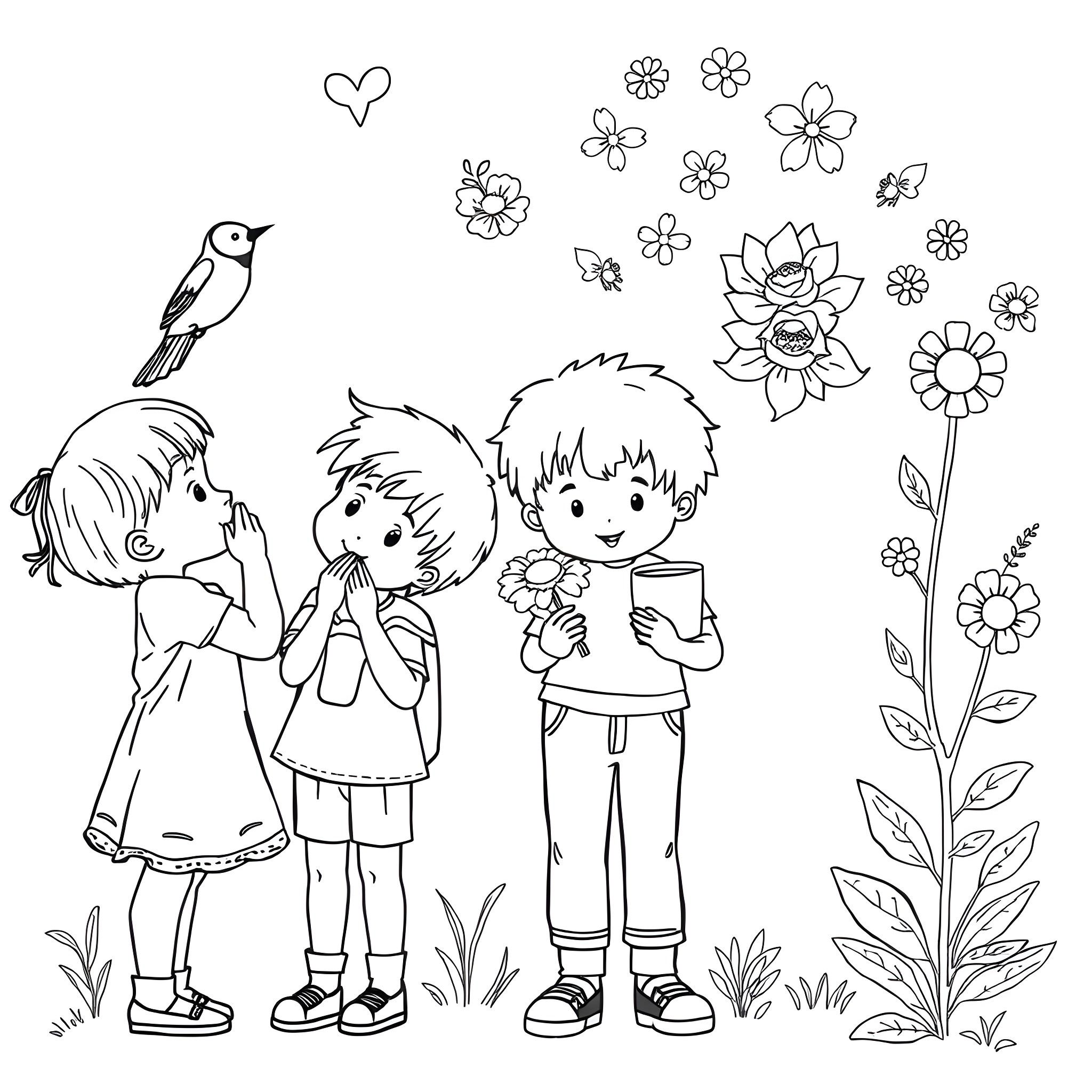 Sense of Childhood and Nature Coloring Page (free black-and-white line drawing printable PDF for all, from beginners to advanced learners, including children, teens, adults, and seniors)