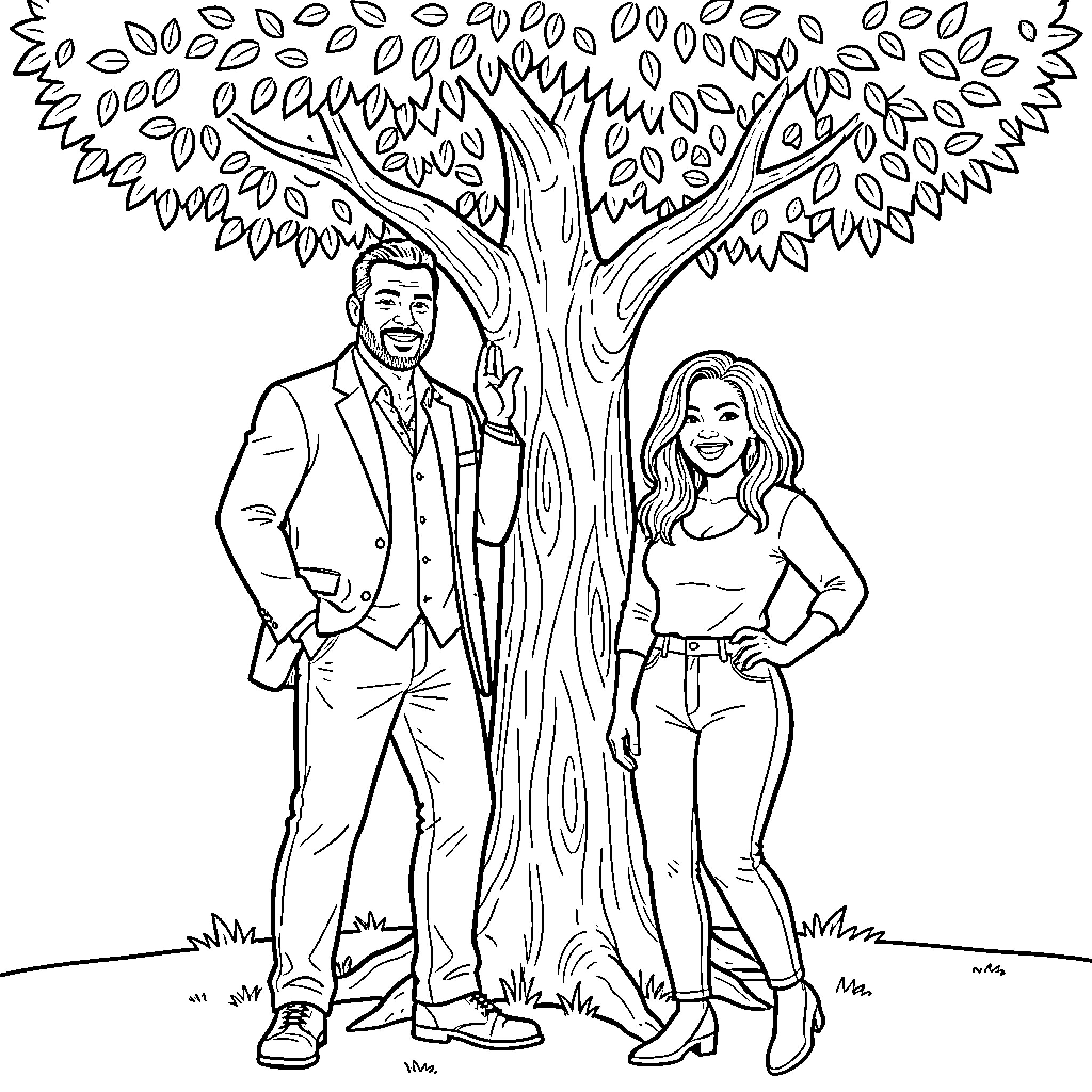 Usher and companion pose under a tree Coloring Page (free black-and-white line drawing printable PDF for all, from beginners to advanced learners, including children, teens, adults, and seniors)