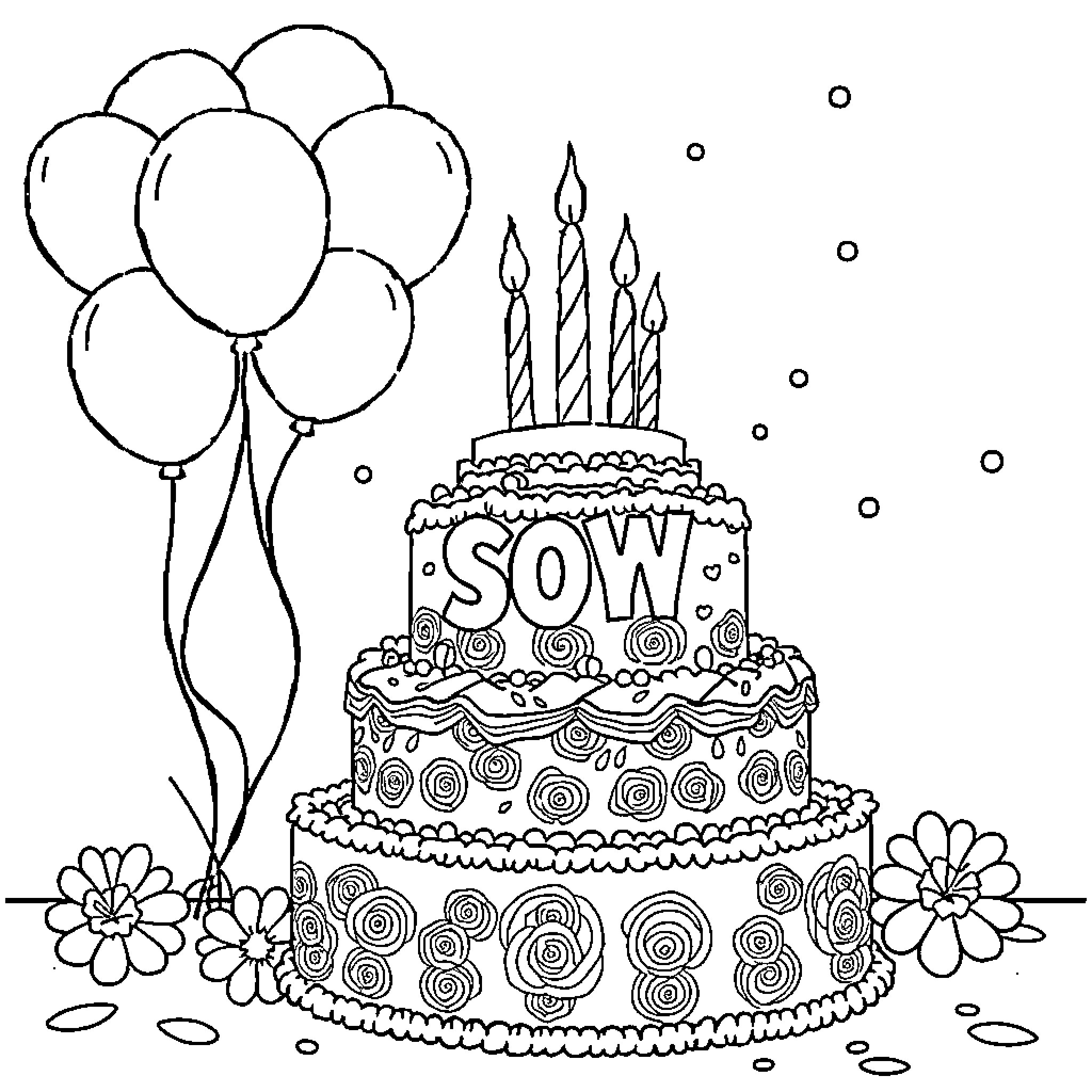 Unicorn Celebration with Balloons and Birthday Cake Coloring Page (free black-and-white line drawing printable PDF for all, from beginners to advanced learners, including children, teens, adults, and seniors)