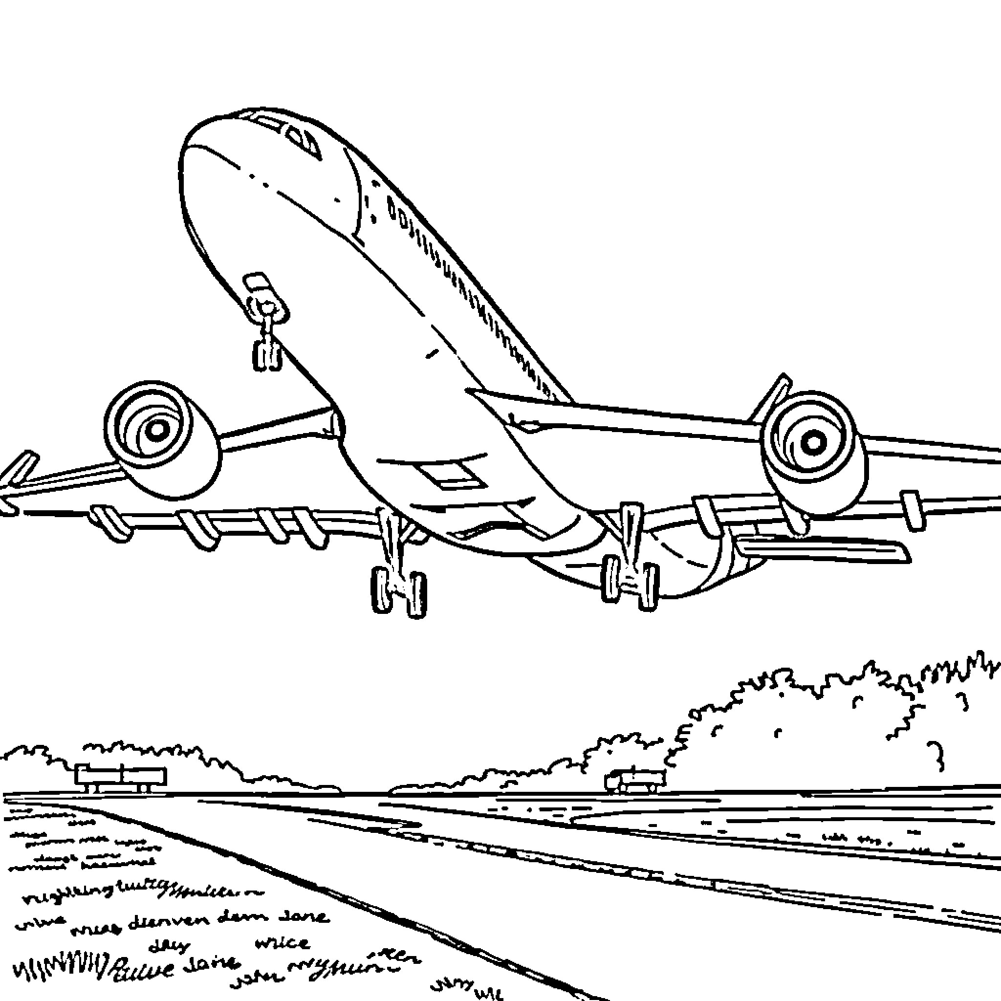 A340 aircraft taking flight above the landscape Coloring Page (free black-and-white line drawing printable PDF for all, from beginners to advanced learners, including children, teens, adults, and seniors)
