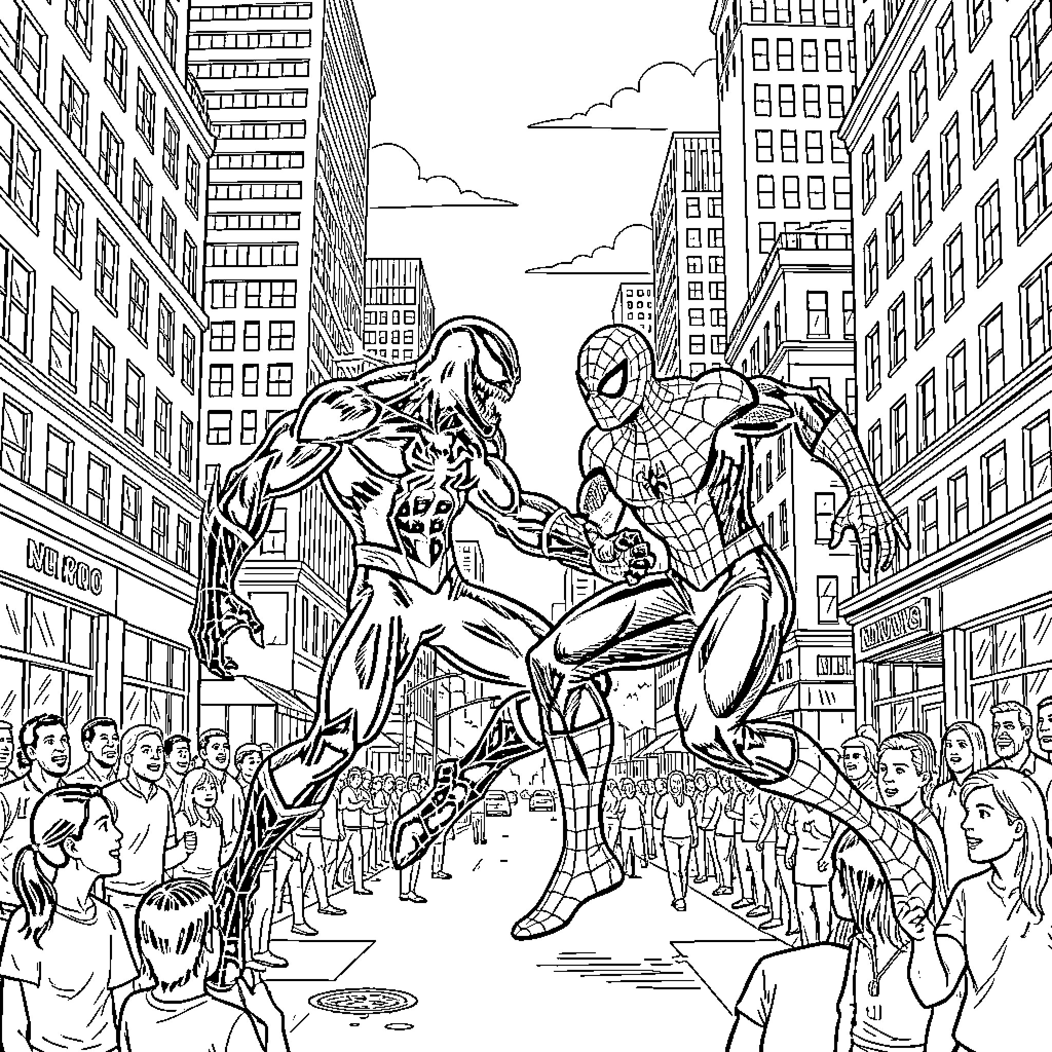 Venom fighting Spider-Man in a crowded city street Coloring Page (free black-and-white line drawing printable PDF for all, from beginners to advanced learners, including children, teens, adults, and seniors)