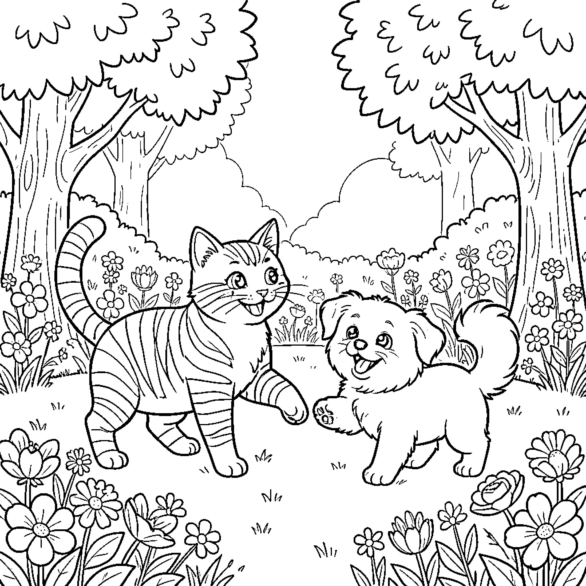 Cat and Puppy in Flower Garden Coloring Page (free black-and-white line drawing printable PDF for all, from beginners to advanced learners, including children, teens, adults, and seniors)