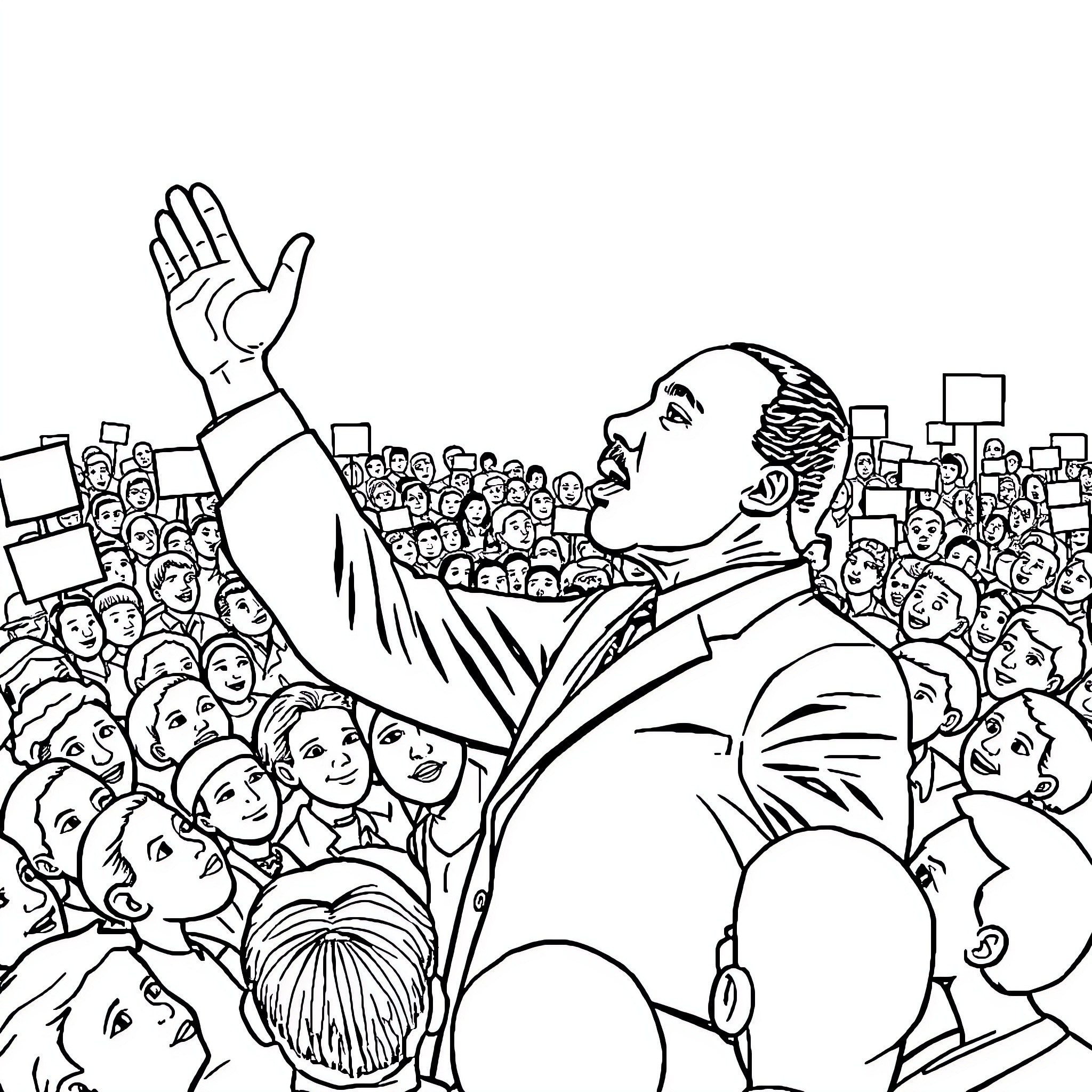 Martin Luther King Jr. Inspiring a Crowd with Raised Hand Coloring Page (free black-and-white line drawing printable PDF for all, from beginners to advanced learners, including children, teens, adults, and seniors)