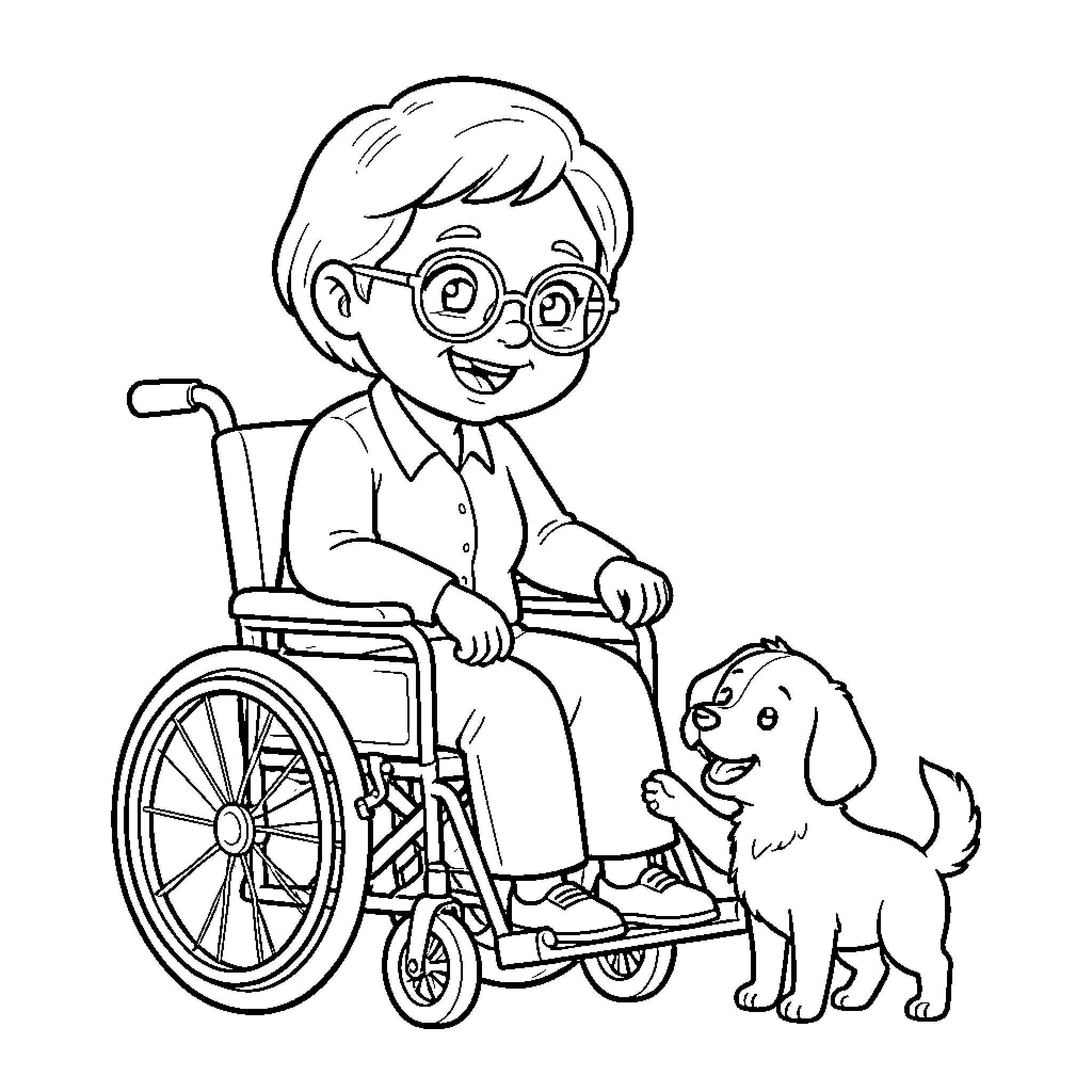 Old Lady in a wheelchair smiling at a puppy Coloring Page (free black-and-white line drawing printable PDF for all, from beginners to advanced learners, including children, teens, adults, and seniors)