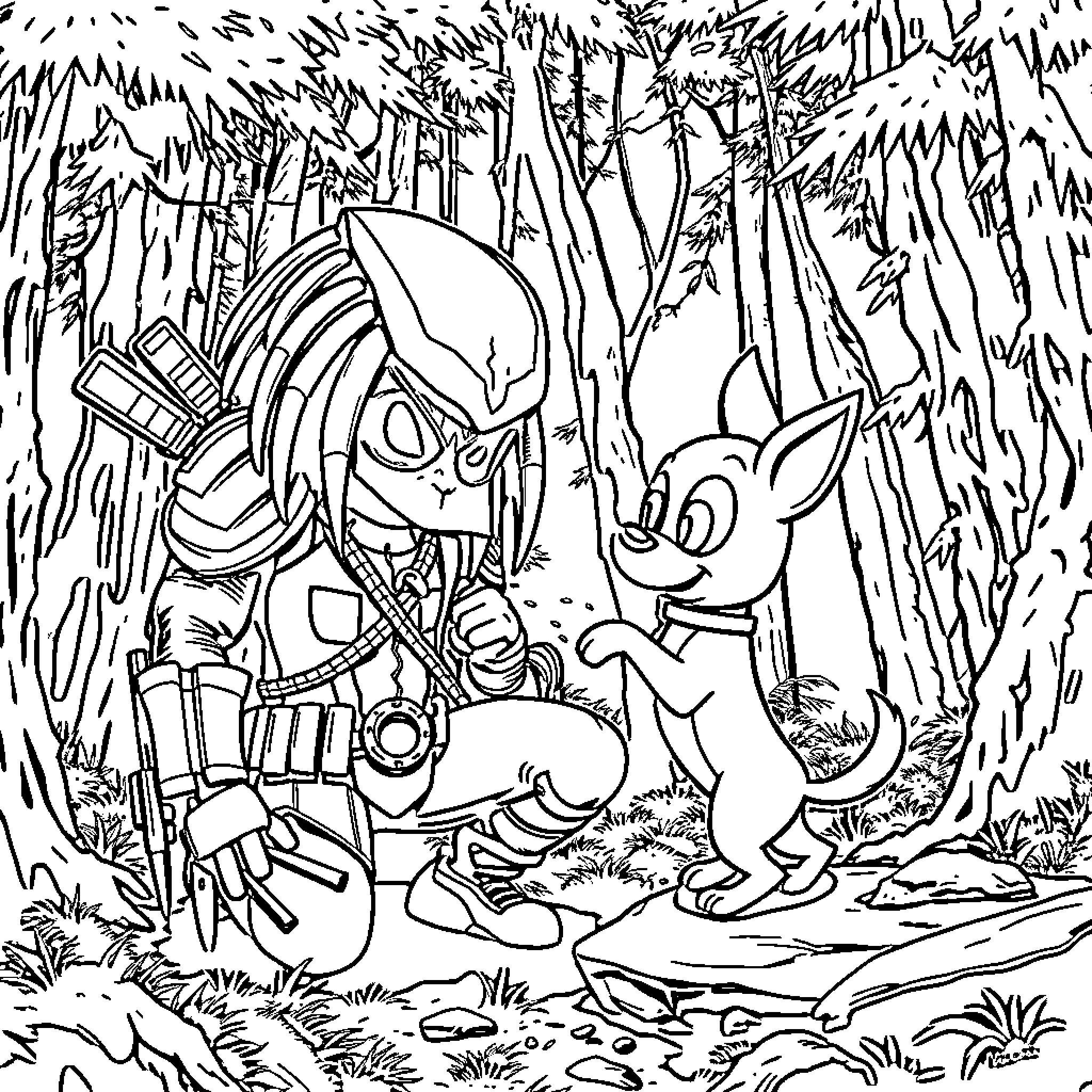 Dog exploring the mysterious forest with animal companions Coloring Page (free black-and-white line drawing printable PDF for all, from beginners to advanced learners, including children, teens, adults, and seniors)