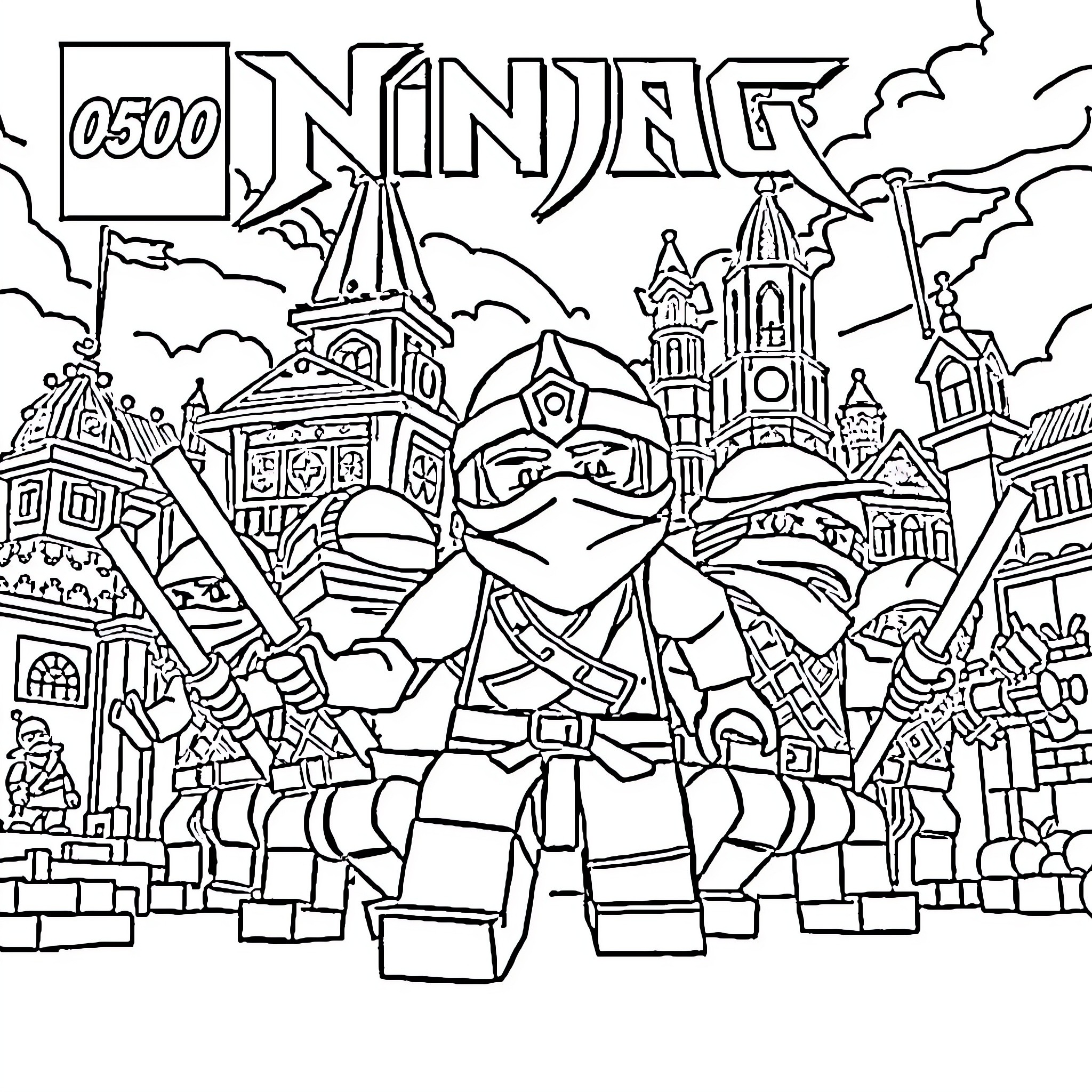 Ninja defending the city from foes Coloring Page (free black-and-white line drawing printable PDF for all, from beginners to advanced learners, including children, teens, adults, and seniors)