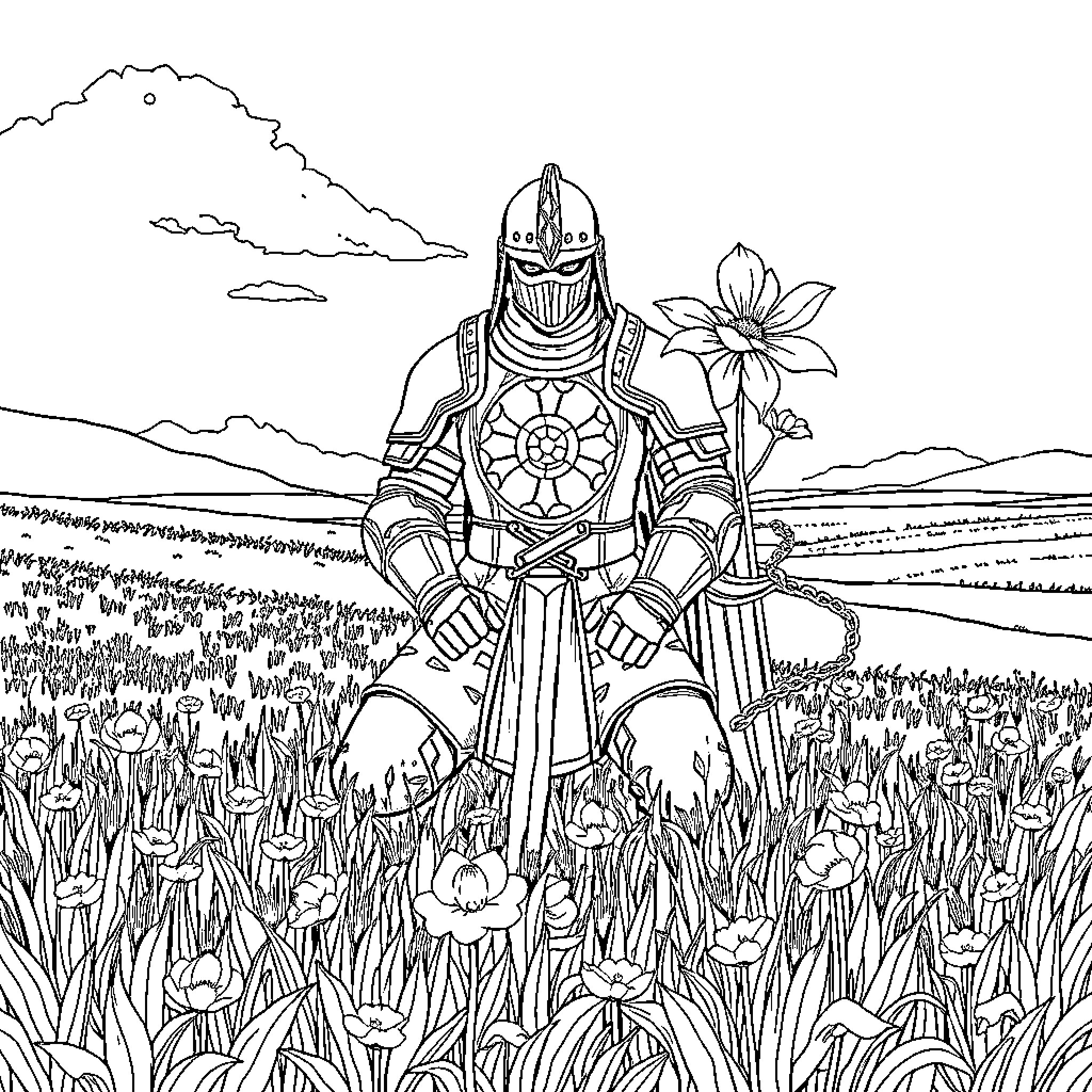 Samurai Warrior Surrounded by Blooming Flowers Coloring Page (free black-and-white line drawing printable PDF for all, from beginners to advanced learners, including children, teens, adults, and seniors)
