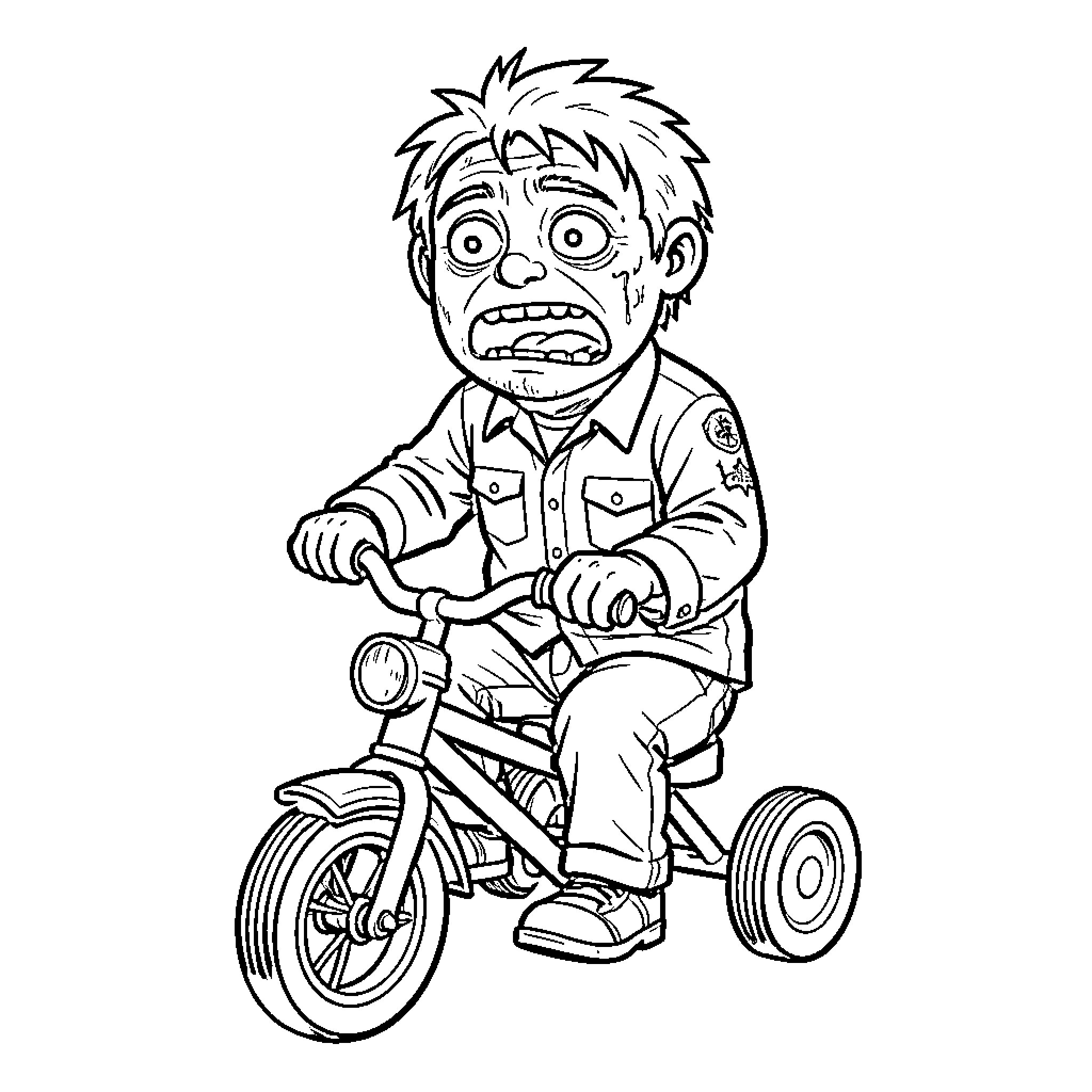 Billy riding a tricycle with a scared expression Coloring Page (free black-and-white line drawing printable PDF for all, from beginners to advanced learners, including children, teens, adults, and seniors)