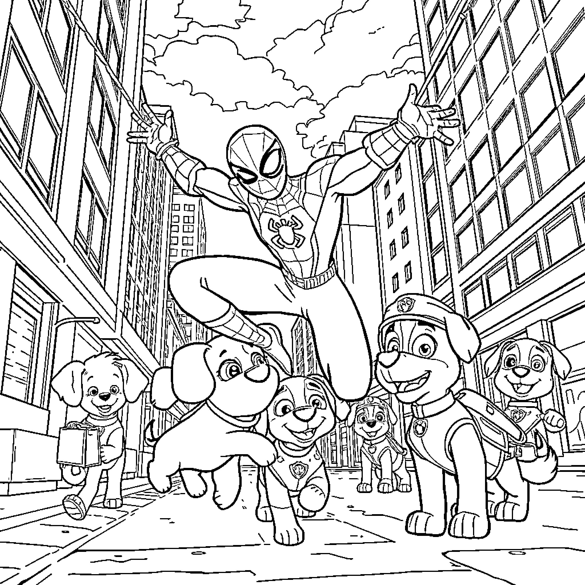 Spiderman swinging above a group of cartoon puppies Coloring Page (free black-and-white line drawing printable PDF for all, from beginners to advanced learners, including children, teens, adults, and seniors)