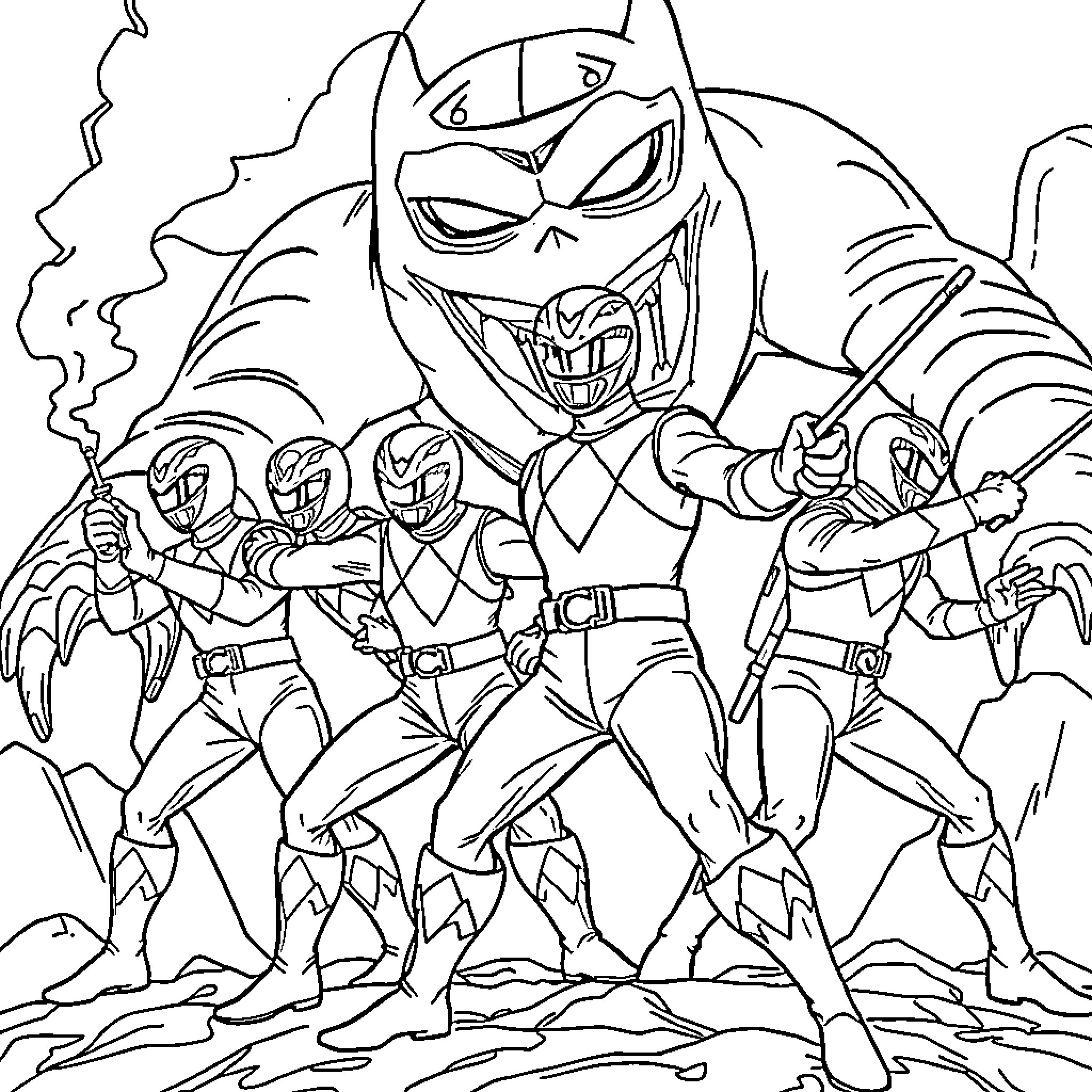Power Rangers in action-packed pose Coloring Page (free black-and-white line drawing printable PDF for all, from beginners to advanced learners, including children, teens, adults, and seniors)