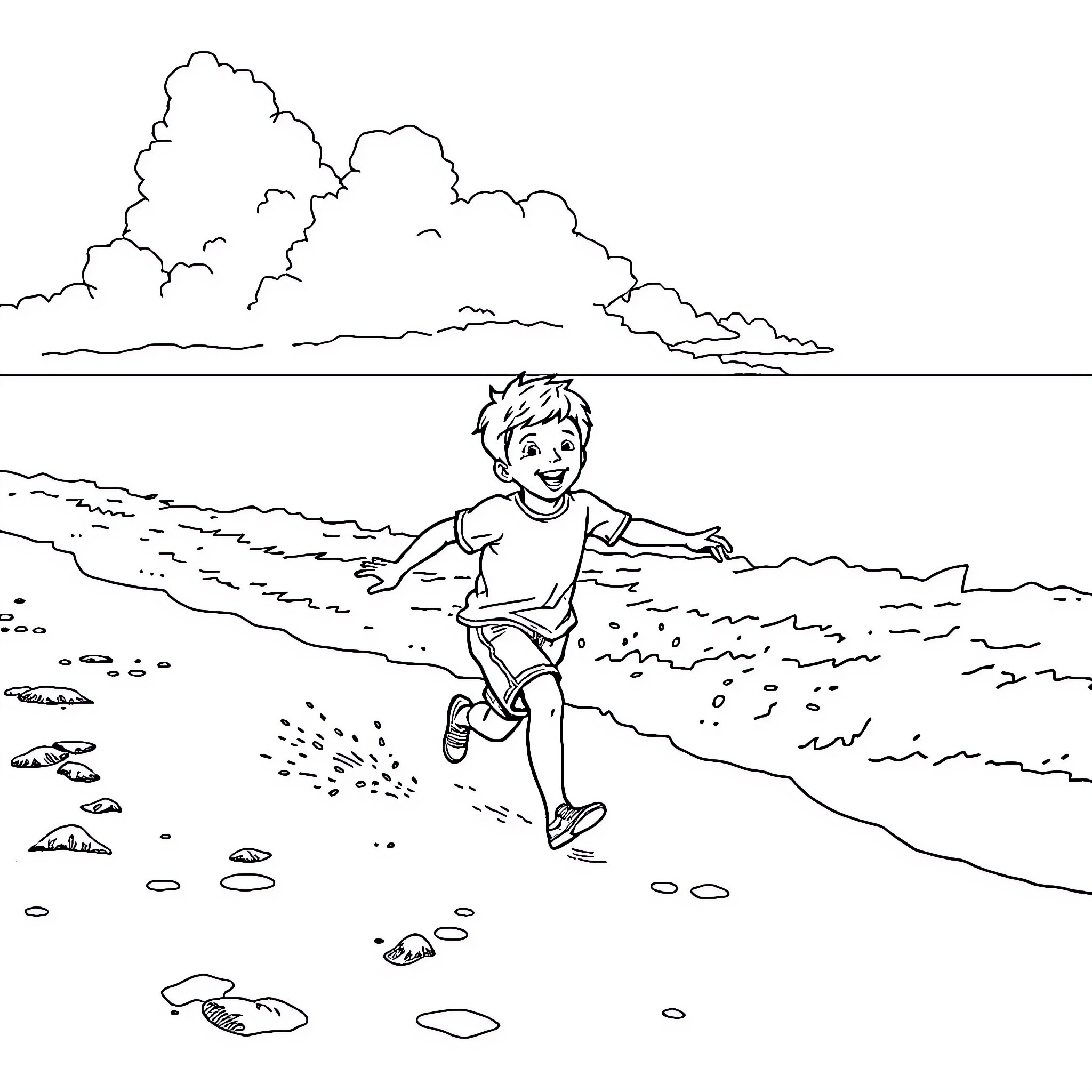 Boy joyfully running along the beach Coloring Page (free black-and-white line drawing printable PDF for all, from beginners to advanced learners, including children, teens, adults, and seniors)