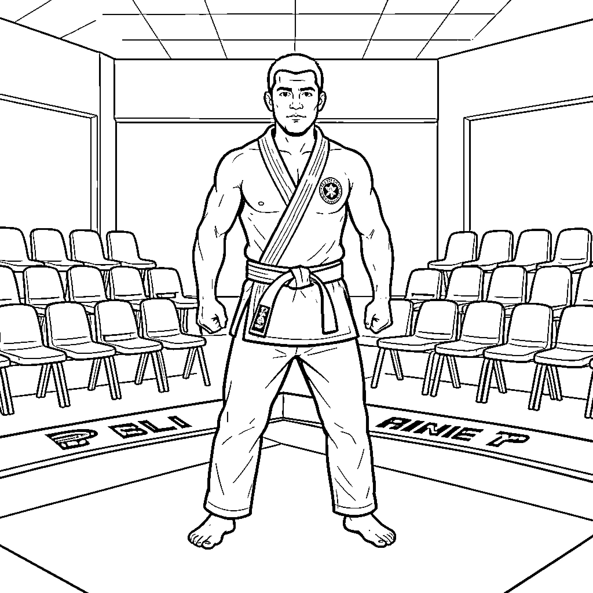 BJJ Fighter standing confidently in a training studio Coloring Page (free black-and-white line drawing printable PDF for all, from beginners to advanced learners, including children, teens, adults, and seniors)
