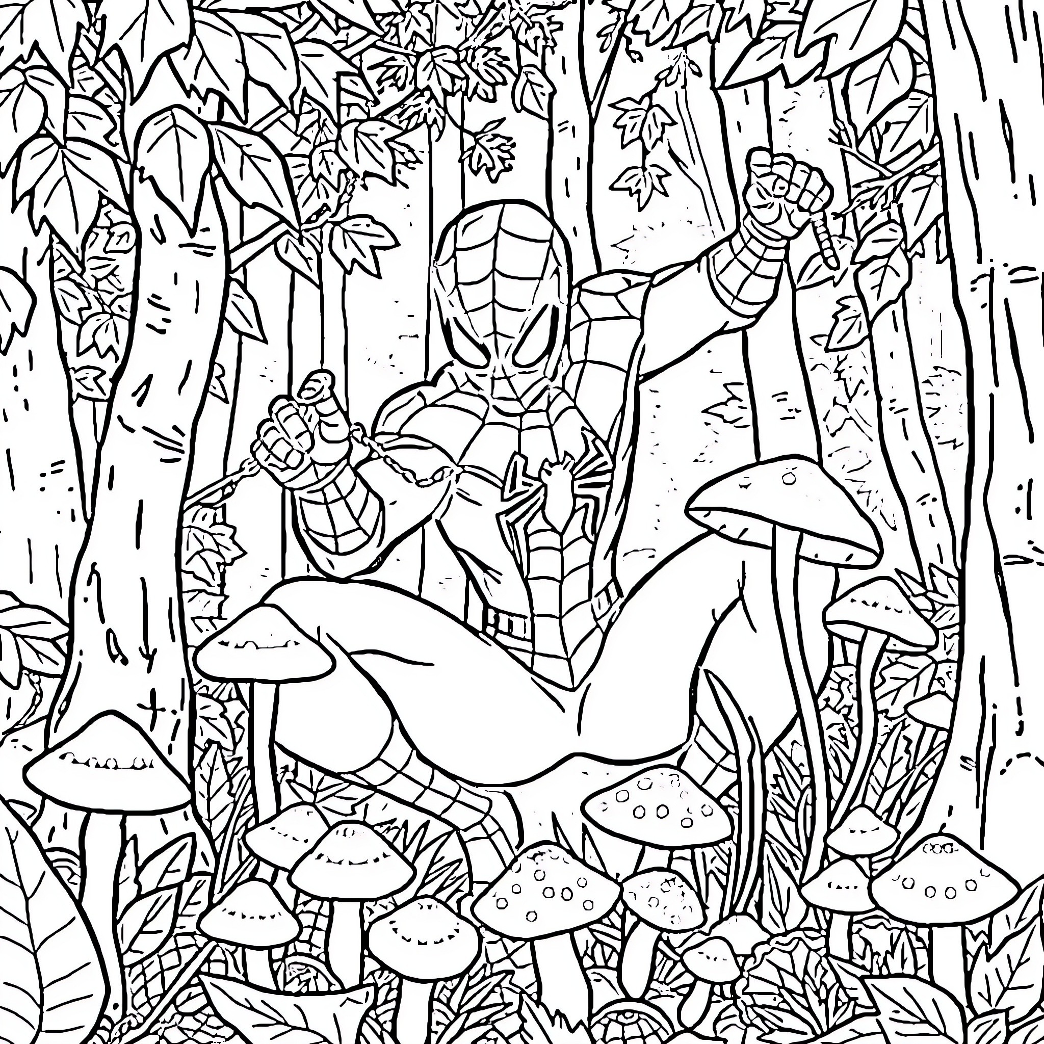 Spiderman exploring the enchanted forest Coloring Page (free black-and-white line drawing printable PDF for all, from beginners to advanced learners, including children, teens, adults, and seniors)