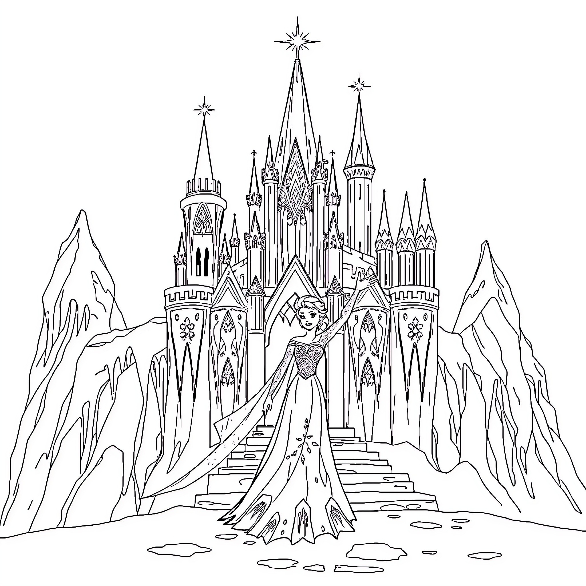 Elsa standing before a majestic ice castle Coloring Page (free black-and-white line drawing printable PDF for all, from beginners to advanced learners, including children, teens, adults, and seniors)