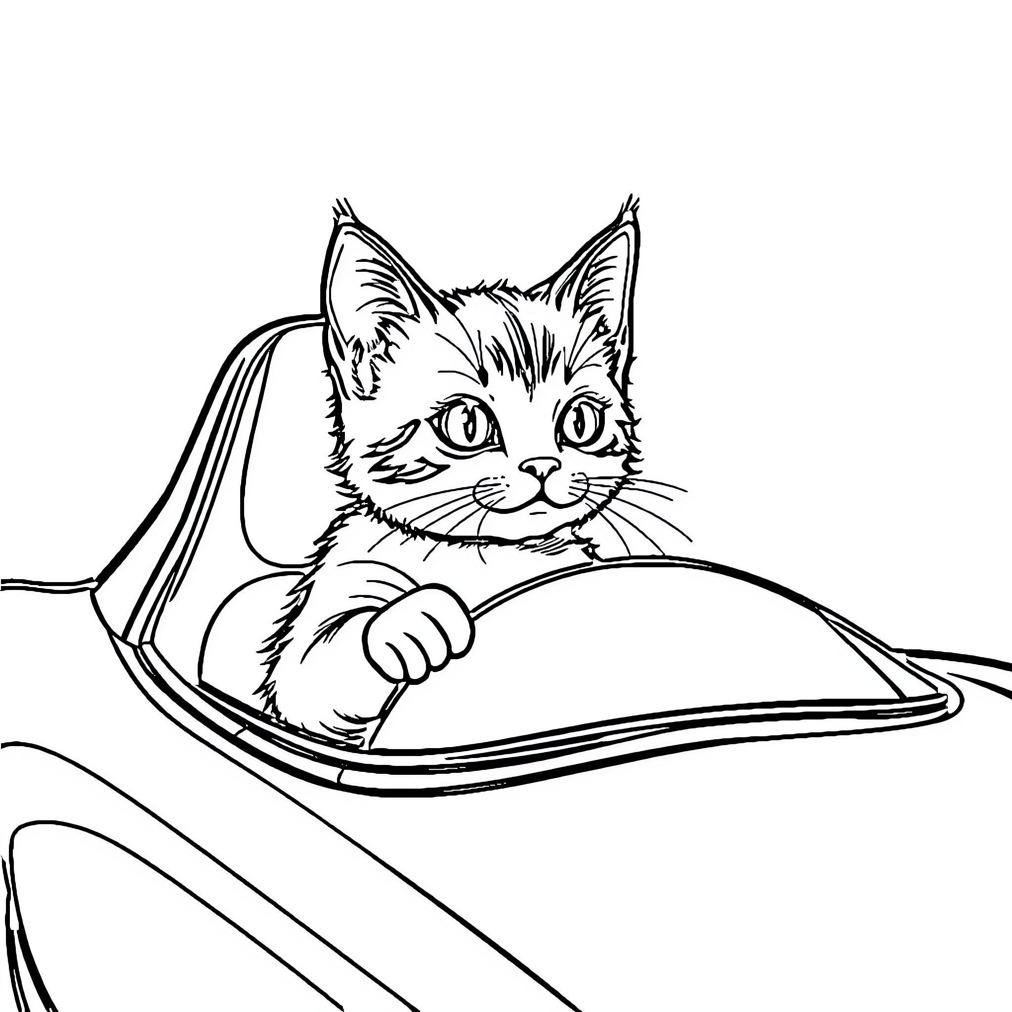 Cat peeking out from behind a laptop Coloring Page (free black-and-white line drawing printable PDF for all, from beginners to advanced learners, including children, teens, adults, and seniors)