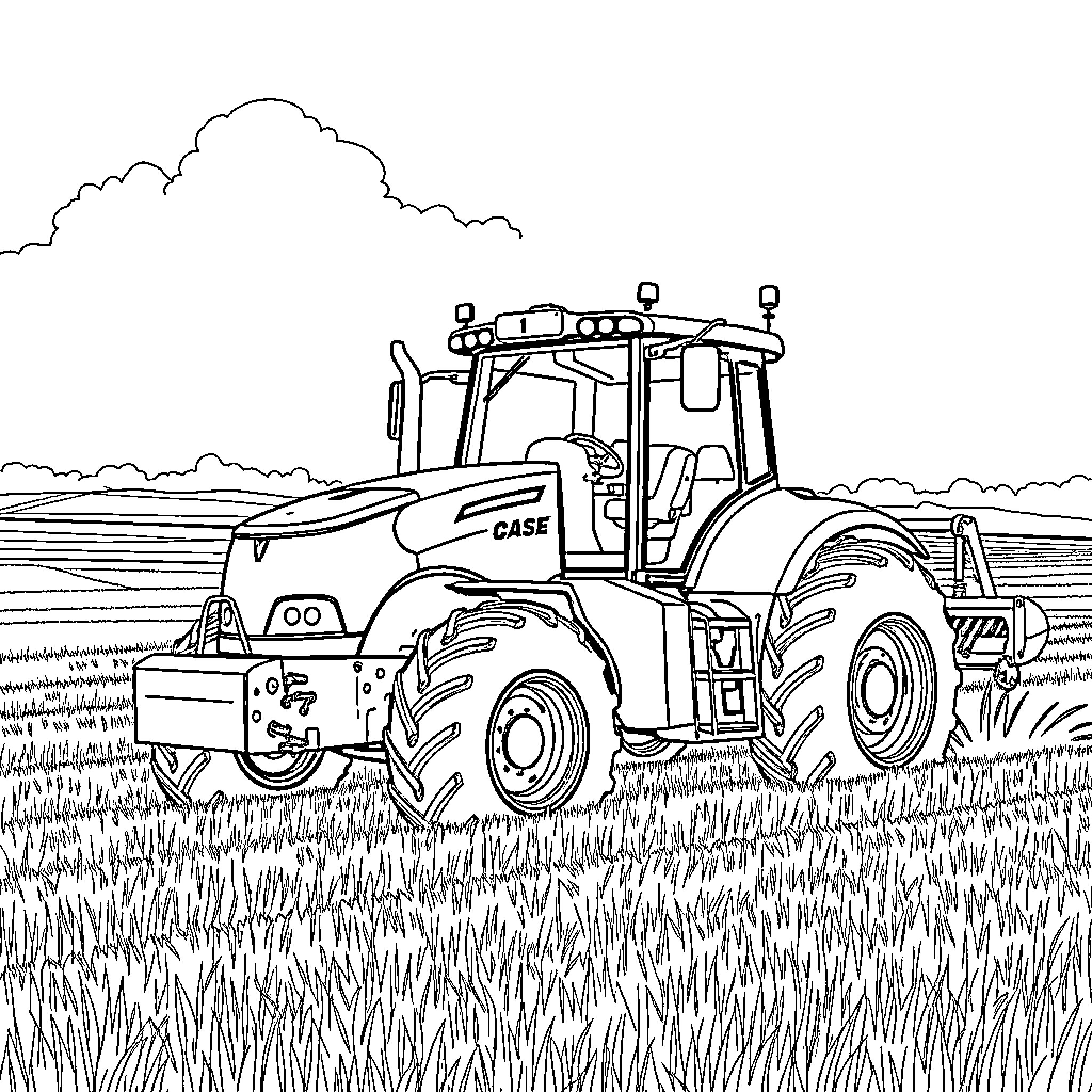 Tractor plowing the field on a cloudy day Coloring Page (free black-and-white line drawing printable PDF for all, from beginners to advanced learners, including children, teens, adults, and seniors)