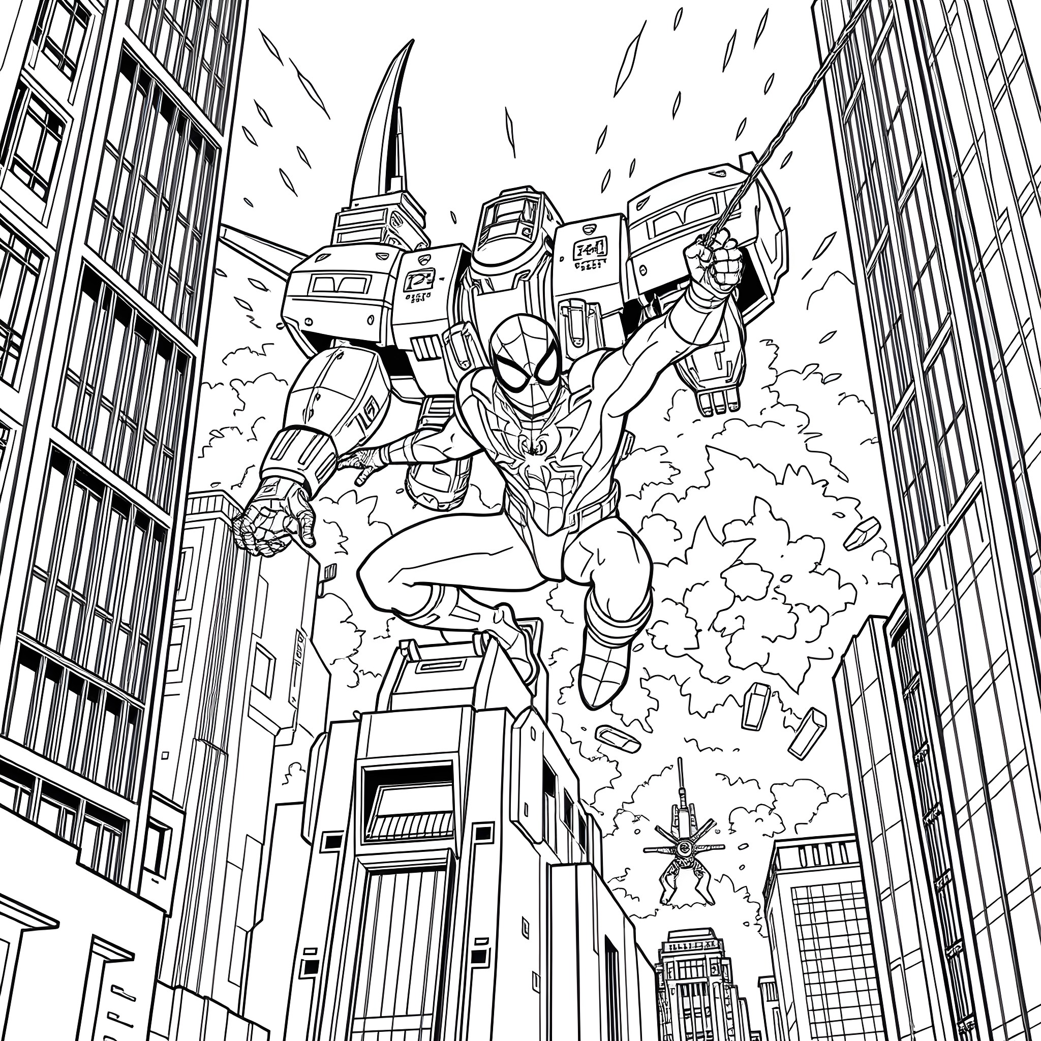 Spider-Man swinging through the city with action Coloring Page (free black-and-white line drawing printable PDF for all, from beginners to advanced learners, including children, teens, adults, and seniors)