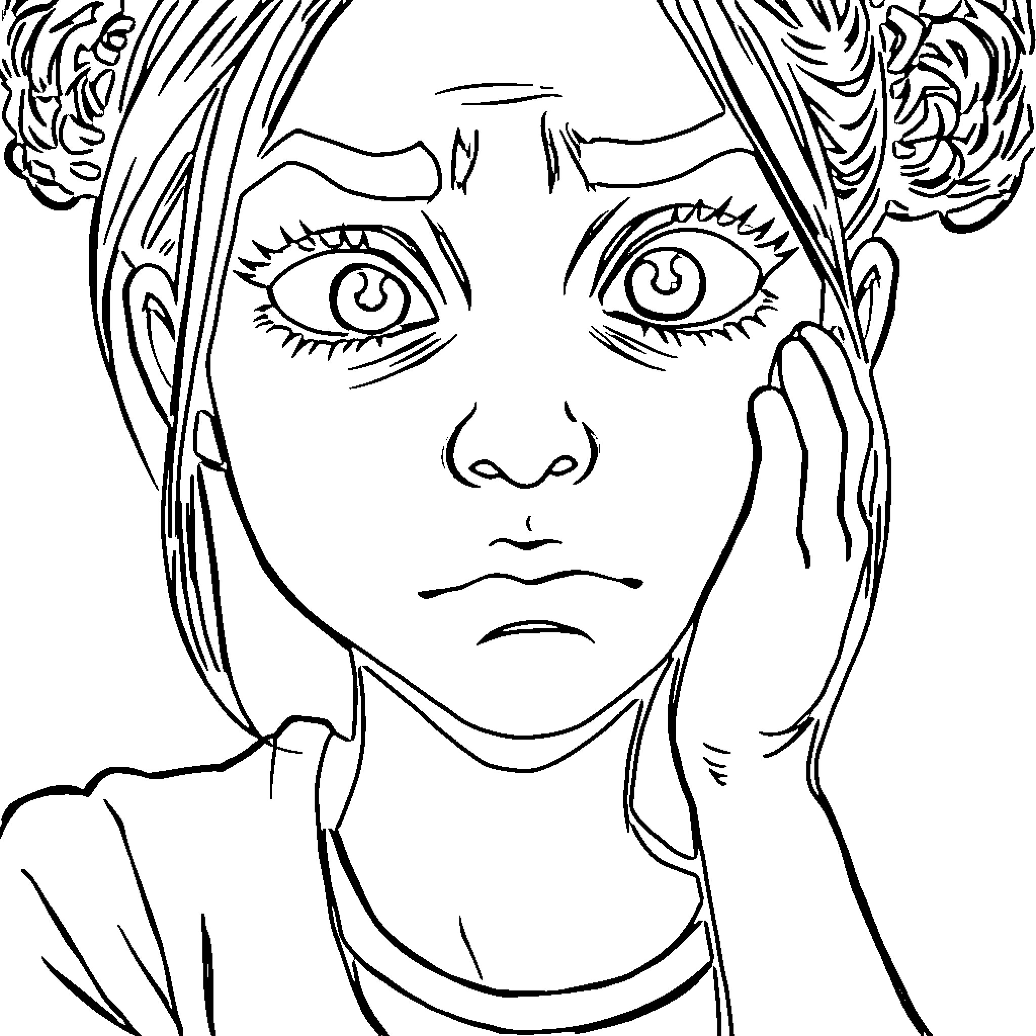 Girl thinking deeply with hands on head Coloring Page (free black-and-white line drawing printable PDF for all, from beginners to advanced learners, including children, teens, adults, and seniors)