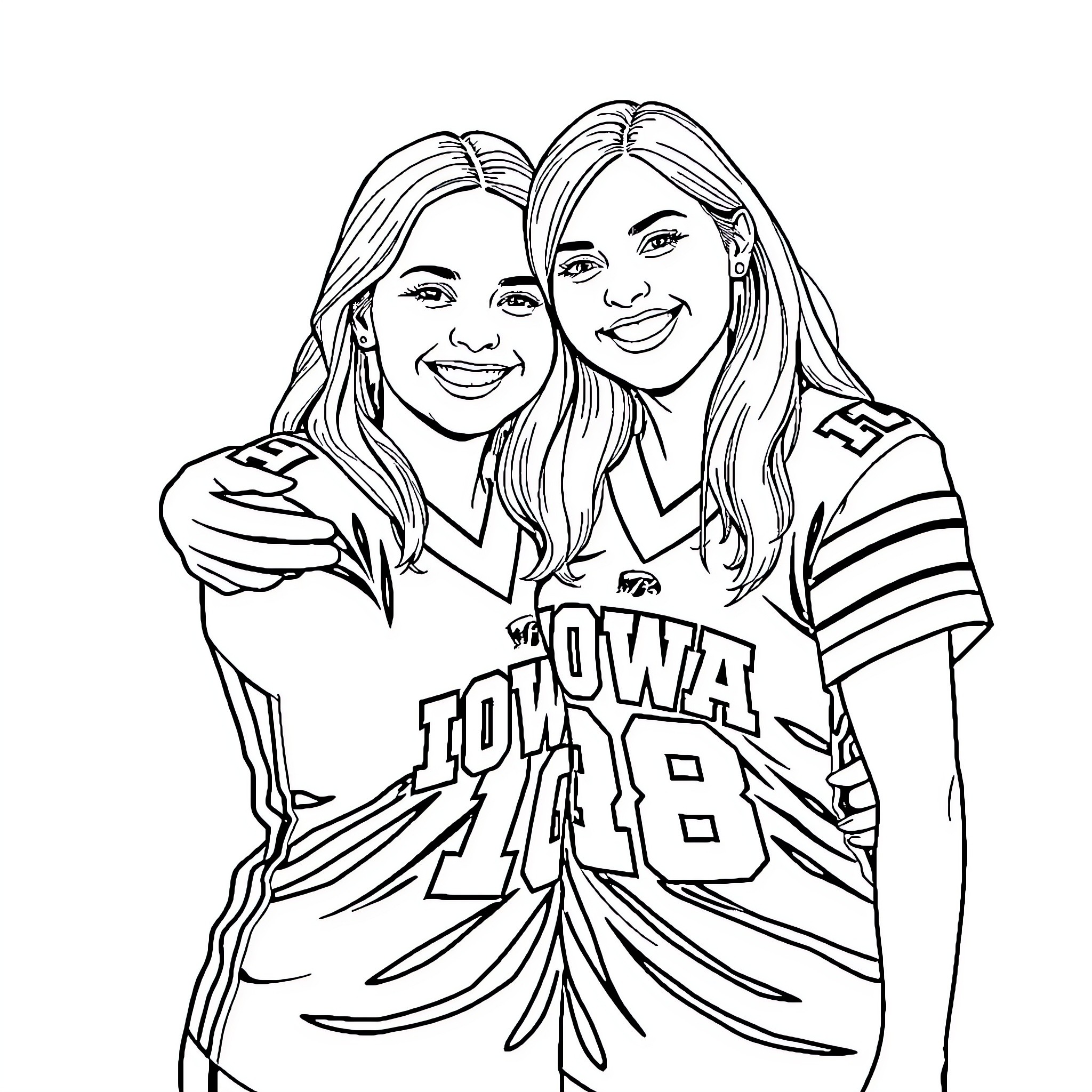 Caitlin Clark and friend in Iowa apparel Coloring Page (free black-and-white line drawing printable PDF for all, from beginners to advanced learners, including children, teens, adults, and seniors)