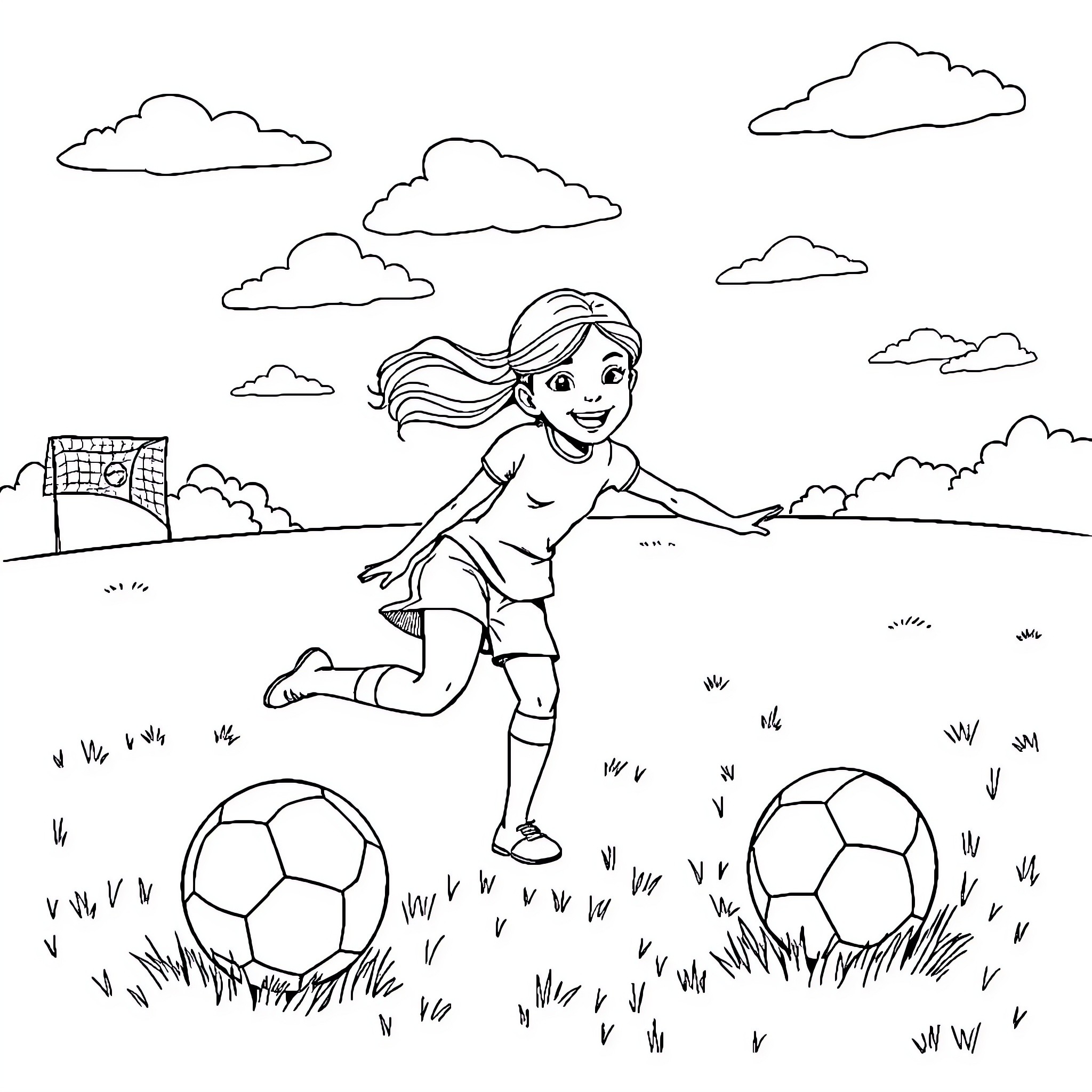 Girl happily playing soccer on a field Coloring Page (free black-and-white line drawing printable PDF for all, from beginners to advanced learners, including children, teens, adults, and seniors)